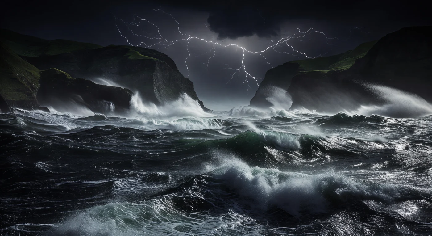 In het holst van de nacht scheurt een ontlading van atmosferische elektriciteit het wolkendek open en verlicht voor een fractie van een seconde een zee die volledig buiten menselijk bereik opereert: golvenbergen van acht tot tien meter hoog, met kammen die door orkaankrachtige wind horizontaal worden afgescheerd tot lange slierten schuim en spindrift. Het grensvlak tussen oceaan en atmosfeer is hier geen lijn maar een gewelddadige overgangszone van slechts enkele decimeters dik, de zeewatermicrolaag, waarin brekende golven miljarden luchtbellen injecteren die de zuurstofuitwisseling tussen oceaan en atmosfeer op dramatische wijze versnellen — een proces dat mede het klimaat van de planeet reguleert. De hydrodynamische druk fluctueert voortdurend door de passererende golftoppen, terwijl Langmuir-circulatie en windschuif het bovenste waterlaagje doorkneden en warm en koud water, zout en neerslag onophoudelijk mengen. Tussen de flitsen valt de zee terug in volstrekte duisternis: geen bioluminescentie dringt door in dit turbulente oppervlak, het schuim wordt zwart, de trossen water botsen geruisloos in het onzichtbare, en de oceaan bestaat, zoals altijd, volledig op zichzelf.