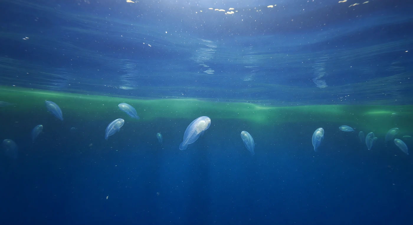 Op een diepte van ongeveer 120 tot 150 meter, vlak bij de onderste grens van de verlichte oceaan, zweeft een onwerkelijk delicate sluier van gefocusseerd fytoplankton horizontaal door het water — de diepe chlorofylmaximumlaag, waar de laatste bruikbare fotonen van de oppervlakte samenkomen met voedingsstoffen die omhoogwellen vanuit de duisternis eronder. Het licht dat hier doordringt is nauwelijks nog licht te noemen: gedempte godsstralen van het verre wateroppervlak schilderen de bovenste waterkolom in saffierblauw en diep kobalt, terwijl de smalle smaragdgroene band van microscopische algen een zachte, licht melkachtige gloed geeft die scherp contrasteert met het donkere indigo eronder. Doorheen deze levende scheidslijn drijven salpen — doorschijnende, geleiachtige cilinderlichamen met fijne spierbanden en kristalheldere oppervlakken — bewegingloos hangend in het water, dat op deze druk van ruim elf atmosfeer ijskoud en ontzagwekkend stil aanvoelt. Hier, op de drempel waar fotosynthese ophoudt en de open oceaan koeler, donkerder en immenser wordt, bestaat een wereld van eindeloze precisie: planktonhaze trilt in het diffuse blauw, mariesneeuw daalt traag naar beneden, en de smaragdgroene sluier trekt zijn stille lijn door een uitgestrektheid die geen ogen kent.