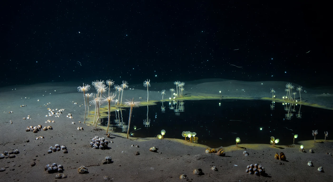 Op een uitgestrekt, nagenoeg vlak abyssaal sedimentvlak, op een diepte van vier- tot zesduizend meter waar de druk oploopt tot vijfhonderd atmosfeer, stijgen slanke, gesteelde crinoïden op uit de zachte ooze — hun vedervormige armen uitgespreid in een nauwelijks waarneembare stroming, als ivoren bloesems die op de grens van het ondenkbare bloeien. Vlak naast hen ligt de brinevijver als een zwart binnenlandse zee: een scherp begrensde, spiegelgladde interface die de fragiele silhouetten van de crinoïden in vertekende reflecties teruggeeft, gevormd door de extreme dichtheid van het hypersaliene water dat hier, twee tot acht keer zouter dan normaal zeewater, als een afzonderlijke vloeistof op de bodem rust. Langs de rand van dit dodelijke meer fransen geelachtige bacteriematten en lage clusters van chemosyntetische mosselen die, dankzij endosymbiotische bacteriën, energie putten uit de chemische gradiënten in plaats van uit zonlicht dat hier al eeuwen niet meer doordringt. Verspreid door de waterkolom dwarrelt mariene sneeuw — organische deeltjes en de resten van leven uit de lagen ver daarboven — in een eeuwig, tragelijk neerwaarts bewegen, hier en daar opgelicht door het blauwgroene bioluminescentie-vonkje van een passerende organisme. Dit is een wereld van absolute stilte en onmetelijke druk, waar geen straal daglicht ooit zal vallen en toch het leven, in zijn meest onverwachte gedaanten, de grens van het letale opzoekt en bewoont.