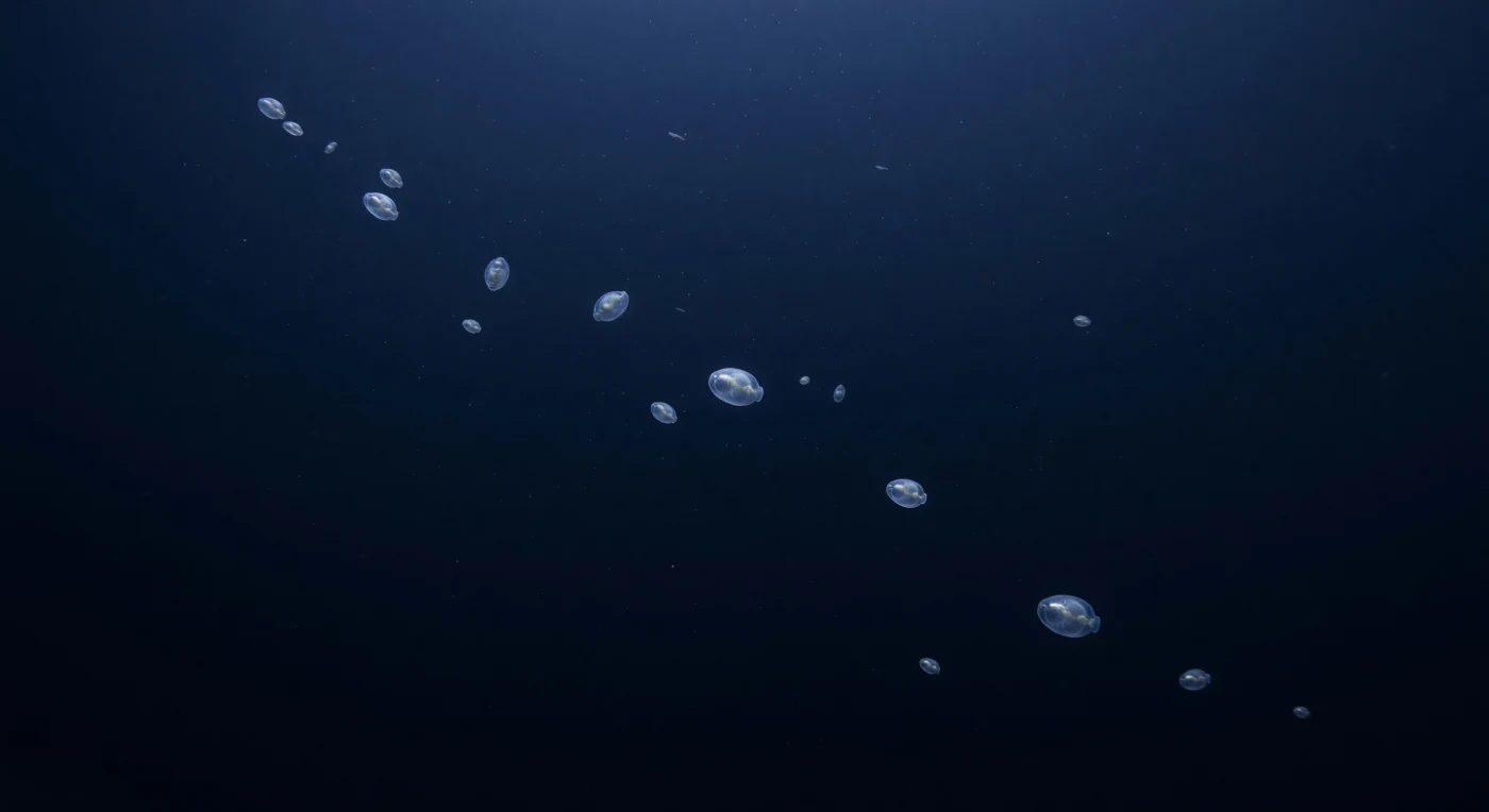 In de open oceaan, honderden meters onder het oppervlak, drijft een ijle processie van salpen schuin door het kobaltblauwe water — doorschijnende vaten van gelatine, nauwelijks zichtbaar behalve waar het laatste restje daglicht hun gebogen randen zilveren. Salpen (*Thaliacea*) zijn pelagische filtervoedsters die behoren tot de tunicaten, de dichtstbijzijnde ongewervelde verwanten van de gewervelde dieren; hun cilindrische lichamen, doorkruist door ringvormige spierband en fijne ingewandsdraden, pompen continu water door hun transparante mantel om fytoplankton en bacteriën te filteren, waarmee zij een verrassend efficiënte koolstofpomp vormen die organisch materiaal naar de diepte transporteert. Op deze diepte — waar de druk tientallen atmosferen bedraagt en het dalende blauw van het oppervlak vervaagt tot een bijna tastbaar donker — is doorzichtigheid de meest effectieve camouflage: wie geen silhouet heeft, werpt ook geen schaduw voor een roofdier dat van beneden omhoog kijkt. Verderop in het blauwzwarte water flakkeren sporadische koude lichtpuntjes op, het bioluminescente signaal van andere mesopelagische bewoners — lantaarnvissen, siphonoforen, koppotigen — die in de eeuwige schemerzone hun eigen licht meedragen. Mariene sneeuw, de oneindige regen van microscopisch organisch materiaal, zweeft overal vrij in de waterkolom en benadrukt de immense stilte van een wereld die bestaat zonder getuigen.