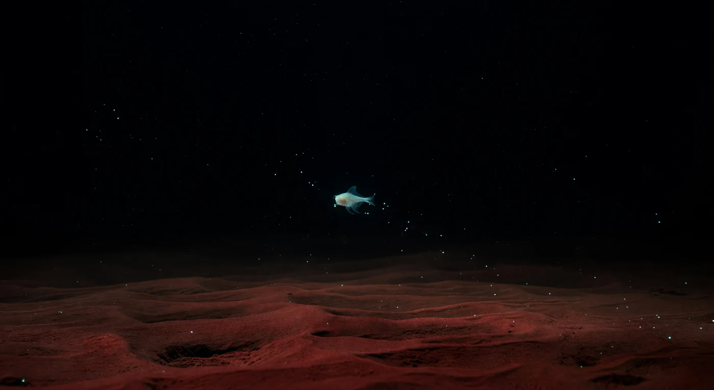 In de Sirena Diepte, het op één na diepste punt van de Mariana Trog, heerst een druk van meer dan duizend atmosfeer — voldoende om elk luchtledige holte onmiddellijk te vernietigen en elke biologische structuur tot het uiterste te beproeven. Toch drijft hier een hadal slakkenvis (*Pseudoliparis* sp.) in eenzame stilte vlak boven het bodemoppervlak, zijn geleiachtige lichaam een levend bewijs van extreme evolutionaire aanpassing: de celmembranen zijn rijkelijk voorzien van onverzadigde vetzuren en trimethylamineoxide om te functioneren onder omstandigheden die voor vrijwel elk ander gewerveld dier dodelijk zouden zijn. Onder zijn nauwelijks zichtbare vinnen strekt zich een golvend tapijt van ijzerrijk, karmozijnrood slib uit — fijnkorrelig sediment dat door millennia van langzame bezinking is opgebouwd uit verweerde oceaankorst en neerdalende organische deeltjes, de zogeheten marinesneew die als spaarzame witte stipjes nog steeds door de waterkolom zweeft. Kleine bioluminescente organismen — bacteriën, copepoden, dinoflagellaten — passeren als ijskoude lichtpuntjes rond het dier, hun zwakke blauwgroene glinstering de enige illuminatie in een wereld die al miljoenen jaren buiten het bereik van zonlicht bestaat. Dit is een ecosysteem dat volledig op zichzelf staat, aangedreven door chemosynthese, vallend organisch materiaal en de trage adem van de diepste oceaan — stil, ongenaakbaar en volstrekt onverschillig voor de wereld daarboven.