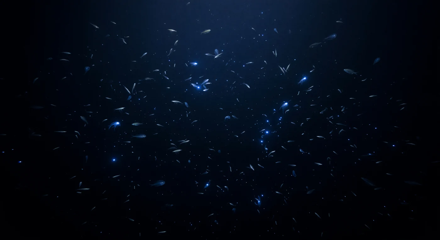 Op driehonderd meter diepte drijft de ROV geluidloos in een wereld die geen bodem kent en geen oppervlak — alleen een verzwakkend kobaltblauw dat van ergens ver daarboven sijpelt en aan alle kanten vervaagt in een bijna tastbaar zwart. De druk bedraagt hier al ongeveer dertig atmosfeer, en toch wemelt het water van leven: doorschijnende garnalen met glazen lijfjes, ctenoforen die nauwelijks van het water te onderscheiden zijn, en in de verte de spookachtige silhouetten van myctofiden met hun zilveren flanken die even opvlammen in het schaarse licht van de ROV. Dit is de diepe verstrooiingslaag — geen geologische formatie, maar een levende, bewegende wolk van organismen die de sonar van vroegere oorlogsschepen deed geloven dat er een valse zeebodem bestond. Dan, één voor één, knappen er kleine elektrisch-blauwe vonkjes aan in het duister: bioluminescentie, het oudste licht ter wereld, dat oplicht als reactie op een trilling of aanraking en de stille waterkolom transformeert in een gefluister van levende sterren.