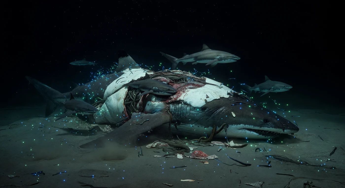 In de absolute duisternis van de diepzeevlakte, op ruim tweeëneenhalve kilometer onder het oceaanoppervlak, ligt het reusachtige lichaam van een gezonken walvis op een uitgestrekt siltplain — een plotselinge, buitengewone concentratie van organisch materiaal in een omgeving die normaal gesproken wordt gekenmerkt door schaarste en stilte. De druk hier, meer dan tweehonderdvijftig atmosfeer, perst elke cel samen, maar het leven reageert onmiddellijk: zware slaaphaaien draaien trage cirkels rond het karkas, hun grijs geaderd huid nauwelijks zichtbaar totdat een explosie van cyaanblauw bioluminescentie — afkomstig van verstoorde aaseters — hun lichamen even tovert in koude vlammende contouren voor ze weer oplossen in de zwarte waterkolom. Slijkprikken strengelen zich diep in de opengebarsten flanken, hun lichamen gevlochten in vet en spierweefsel, terwijl wolken kleinere organismen opwervelen vanuit het sediment en telkens bij verstoring nieuwe constellaties van licht ontvlammen die elke plooi van huid, elk gat in het slib en elke vezelachtige laag walvisvet even nauwkeurig in kaart brengen als geen enkel menselijk instrument ooit zou kunnen. Dit is het begin van een ecologische successie die tientallen jaren zal duren: van aasfeest naar chemosynthetische gemeenschap, een eiland van leven midden in de eeuwige nacht.