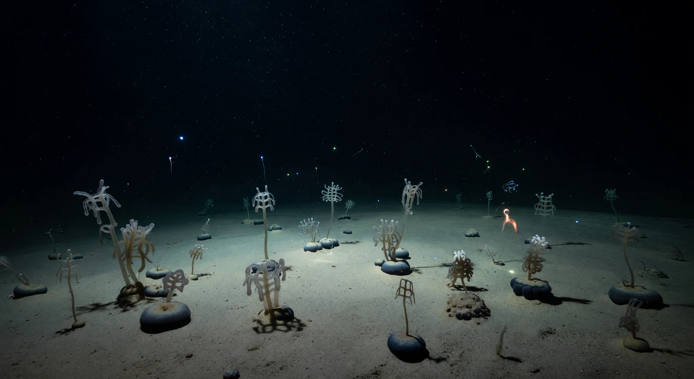De ROV hangt roerloos boven een siltvlakte die zich uitstrekt in alle richtingen tot aan de absolute duisternis, terwijl de twee zijdelings gemonteerde lampen het zeebodem scheren met een licht dat amper vijf meter reikt voordat het volledig door het zwart wordt verslonden. In die smalle lichtkegel rijzen glazen sponzen op uit het sediment — filigraan skeletten van silica, opgebouwd door organismen die leven zonder een greintje zonlicht, op een diepte waar de druk meer dan tweehonderd atmosfeer bedraagt en de temperatuur amper boven het vriespunt zweeft. Tussen de sponzen tekenen zich xenophyophore-heuvels af, de grootste eencellige organismen ter wereld, half begraven in lagen gesedimenteerd marien sneeuw dat decennialang omlaag heeft gedwarreld vanuit het verlichte oppervlak duizenden meters hoger. Elke sponzenstaak werpt een messcherpe schaduw over het bleke slib, en de schaduwen wijken achteruit in kegels van zuiver zwart die opstijgen in de waterkolom alsof de nacht zelf een structuur heeft. Een enkele, verre vonk van bioluminescentie pulseert even in de diepte en verdwijnt — een herinnering dat het leven hier niet zwijgt, maar fluistert in een taal van licht die het nooit met de zon heeft hoeven delen.