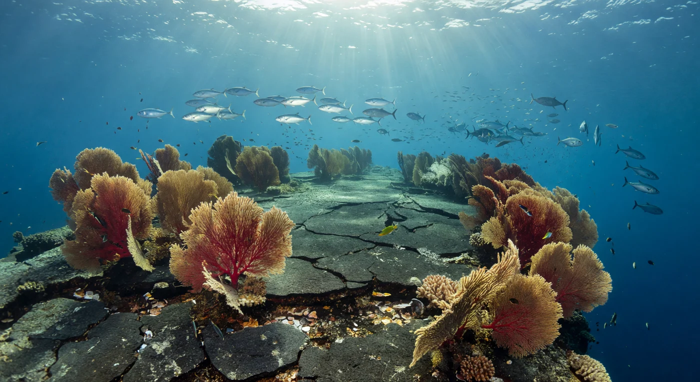 Op een diepte van dertig tot vijftig meter rijst de top van een onderzeese vulkaan omhoog in het zonbeschenen water, waar sterke, aanhoudende stroming het basalt schoongeboend heeft tot bloot steen met scherpe breukkanten en ondiep uitgehouwen groeven in het vulkanische gesteente. Langs de loefzijde van de richel staan dichte rangen van rode en gouden gorgonen in één richting gebogen, als een stille stoet waaiers die volledig zijn uitgespreid in de stroom, hun vertakkingen bezet met fijn zichtbare poliepen die elk voorbijdrijvend planktondeeltje onderscheppen. Schuin invallend zonlicht daalt vanuit het heldere oppervlak ver boven in lange lichtbanen door het blauwgroene water, waarbij caustieken flikkeren over het koraalrif en de kleuren van de gorgonen nabij de rots nog levendig rood en goud zijn, terwijl ze met de afstand vervagen tot een diep kobaltblauw. Kleine vissen zoeken beschutting tussen de zeewaaiers, een school zilveren caranxen wendt boven het plateau met flitsende spiegels van puur zonlicht, en verderop boven de steile rand jagen gestroomlijnde tonijnen door verdichte scholen van kleine visjes — de stille kracht van een oceaan die bestaat zonder getuige, volledig gevormd door stroming, geologie en leven.