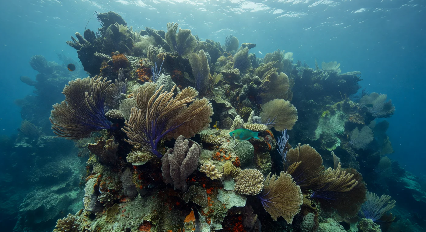 Langs de bijna verticale wand van het voorrif daalt het kalksteen af in een diepte waar het tropische zonlicht al merkbaar is gefilterd: de bovenste richels worden nog geraakt door bleke lichtstralen en flikkerend caustic-patroon afkomstig van het golvende oppervlak tientallen meters hoger, terwijl de onderste zones oplossen in een stil kobaltblauw. Op druk van twee à drie atmosfeer — een druk die elk organisme hier van nature draagt — rijzen hoge gorgoniënwaaiers in paars en amber op uit de carbonaatrots en buigen in één vloeiende beweging zeewaarts, gevormd door een gestage stroming die fijn gesuspendeerd detritus door het blauwgroene water voert. De wand zelf is een architectuur van eeuwen: poreu­ze korst van corallijne algen, vaatachtige barrel­sponzen met zichtbare poriën, inkrusterende sponzen in gedempte kleurschakeringen die op deze diepte blauw en groen benadrukken terwijl rood en oranje al vrijwel zijn geabsorbeerd. Een papegaaivis glijdt langs het rotsvlak en laat met elke hap het knarsen van carbona­at achter, terwijl kleinere rifvissen schuilen in de plooien van de waaiers, allemaal deel van een ecosysteem dat bestaat en ademt in volkomen afwezigheid van elke menselijke blik.