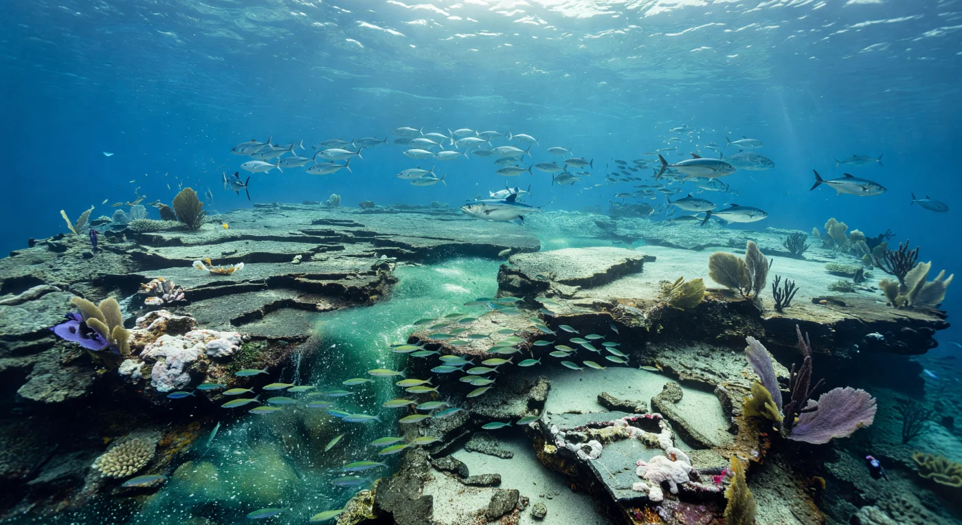 Op de top van een onderzeese vulkaan, waar ruw gebroken basaltterrassen en carbonaatpavement het plateau vormen, stroomt een rijke, groenblauw gekleurde watermassa over de gelaagde lavabodem — geladen met plankton en fijne zweefdeeltjes die in het zonlicht als stof in de lucht lijken te dansen. Vanuit het oppervlak boven dalen brede godstralen neer en tekenen golvende lichtpatronen op het donkere gesteente, terwijl de productieve bloei het water licht vertroebelt en aan alle kanten kleine planktivore vissen in dichte linten laag over de terrassen stromen, hun schubben flitsend zilvergroen oplichtend in de versnelde stroming. Aan de stroomopwaartse randen van de top strekken gorgonen hun vertakte waaiervormige kolonies uit in de stroom, en op de iets diepere richels rijzen zwarte koraalkolonies op als donkere silhouetten tegen het diepblauwe water van de oceaan die abrupt wegvalt voorbij de rand van het seamount. Hoog boven de afgrond doorklieven gespannen tonijnen in snelle jachtpassen dichte wolken van prooivissen, terwijl een school caranxen wentelt boven het plateau — het pulserende hart van een offshore oase waar hard substraat, opwellend water en concentraties van leven samenkomen zonder enige menselijke aanwezigheid, ongestoord en volkomen zichzelf.