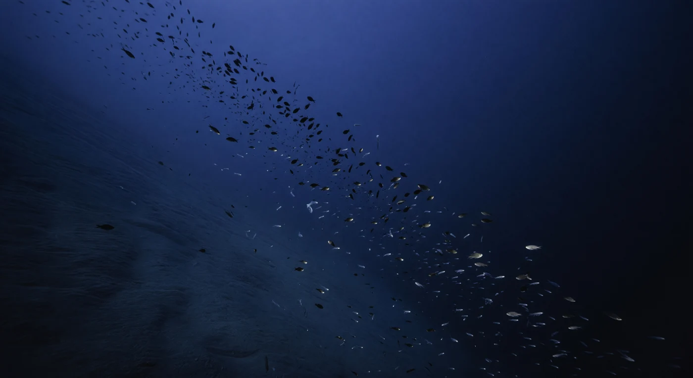 Op 390 meter diepte, vastgeklonken naast de steile flank van het continentale plat, registreert het lander-observatiesysteem een wereld die nauwelijks verlicht is: het laatste restje blauw daglicht sijpelt van ver boven door het water als een nauwelijks waarneembare schemering, terwijl de druk hier — ruim veertig atmosfeer — als een koude, onzichtbare hand om de romp drukt. Links rijst de continentale helling op als een donkerblauwe, bijna abstracte vlakte die oplost in het kobaltgrijze niets daarboven, haar textuur slechts zichtbaar in de allereerste meters voor de camera. Daartegen aan gedrukt stroomt de diepverstrooiingslaag als een levende rivier omhoog langs de wand: een gedrongen lint van honderden lantaarnvissen in silhouet, glasachtige garnalen en krill, en sidderende ctenoforen die in de zwakke observatieverlichting even oplichten voordat ze weer oplossen in de duisternis. Dit is het verschijnsel dat tijdens de Tweede Wereldoorlog sonaroperatoren deed geloven dat de oceaanbodem omhoogrees — een dagelijkse verticale migratie van honderden meters, waarbij elk dier zijn zwemblaas aanpast aan de veranderende druk en het wegvallen van licht bepaalt wanneer de opwaartse tocht begint. In het donker aan de rechterzijde flikkeren geïsoleerde bioluminescente lichtpuntjes dieper in de kolom, als sterren in een oceaan zonder hemel.
