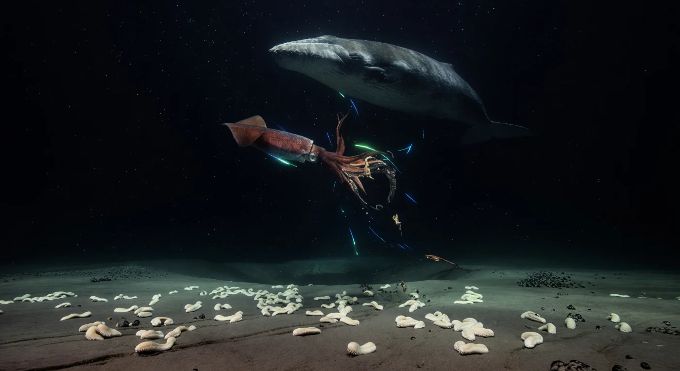 In de ondoordringbare duisternis boven een eindeloze abyssale vlakte, op diepten waar de druk meer dan vierhonderd atmosfeer bedraagt en de temperatuur nauwelijks boven het vriespunt uitkomt, ontvouwt zich een strijd van kosmische proporties: een reusachtige potvis (*Physeter macrocephalus*), tot wel twintig meter lang en gedekt met de littekens van eerdere gevechten, drijft een reuzenpijlinktvis (*Architeuthis dux*) met brute kracht door de kolkende waterkolom, de aanval gemarkeerd door flitsende cyaanblauwe bogen van verstoord bioluminescent plankton dat oplaait en weer vervaagt in het absolute zwart. De pijlinktvis — spiervol, roodbruin van huid, met armen en tentakels wijd uitgespreid en de getande zuignappen in het kraakbeen van de walvis geklemd — laat bij iedere wending sporen van weefsel en organisch débris achter dat als grote marineesneeuw traag wegzinkt naar de diepte beneden. Ver onder dit geweld strekt zich een brede holothuriatuin uit over het zachtgeribbelde grijsbruine sediment, bezaaid met zwarte mangaanknollen en de fijne sporen van benthische fauna: bleke zeekomkommers (*Holothuroidea*) die geduldig microscopisch organisch materiaal van de bodem filteren, onbewust van de neerdalende fragmenten die de stille vlakte langzaam verrijken. Hier, waar geen licht van buiten doordringt en de oceaan uitsluitend door zijn eigen organismen verlicht wordt, bestaat een wereld die zijn eigen immense en onverstoorbare logica volgt — een biologisch theater van predatie, geduld en traag cyclisch verval, volledig onverschillig voor alles buiten zichzelf.