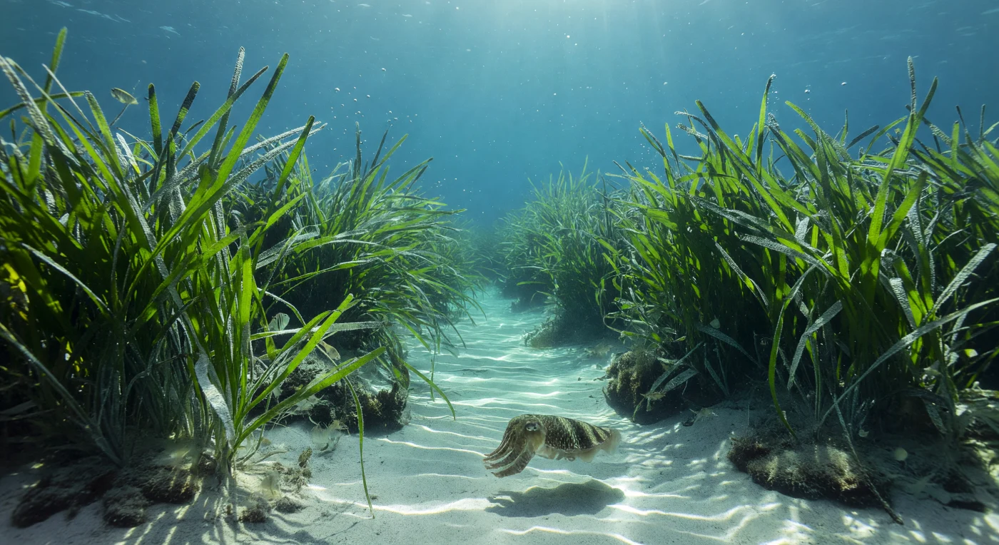In een smalle zandgeul tussen dichte scheuten van *Posidonia oceanica* speelt zich een van de meest geraffineerde jachttaferelen van de ondiepe Middellandse Zee af: een gevlekte zeekat (*Sepia officinalis*) zweeft centimeters boven het bleke substraat, armen strak gevouwen, de vinzoom trillend in een nauwelijks zichtbaar ritme dat haar precies op koers houdt zonder ook maar één zandkorrel te beroeren. Haar huid verschuift voortdurend tussen zandbeige, olijfgroen en gebroken marmerpatronen die de schaduwstrepen op de bodem nabootsen — een levend camouflagesysteem aangestuurd door chromatoforen, iridoforen en leucoforen die in milliseconden samenwerken. Het zonlicht daalt ongehinderd door het heldere water en tekent bewegende caustieklinten op de zeegraszijden en het zand, terwijl de lint-achtige bladeren in coherente golven meebewegen met de stroming en langs hun randen kleine zuurstofbelletjes tonen — een stille getuigenis van volop gaande fotosynthese. Aan de bladvoeten van de *Posidonia*-scheuten flitsen doorschijnende garnalen van dekking naar dekking, en jonge vissen hangen dieper in het bladerdak van een ecosysteem dat fungeert als een van de soortenrijkste en meest productieve habitats van de gehele Middellandse Zee. Hier, op een diepte waar de druk nauwelijks anderhalf tot twee atmosfeer bedraagt en het licht nog volop het leven aandrijft, bestaat een wereld van subtiele intensiteit die volledig op eigen kracht draait.