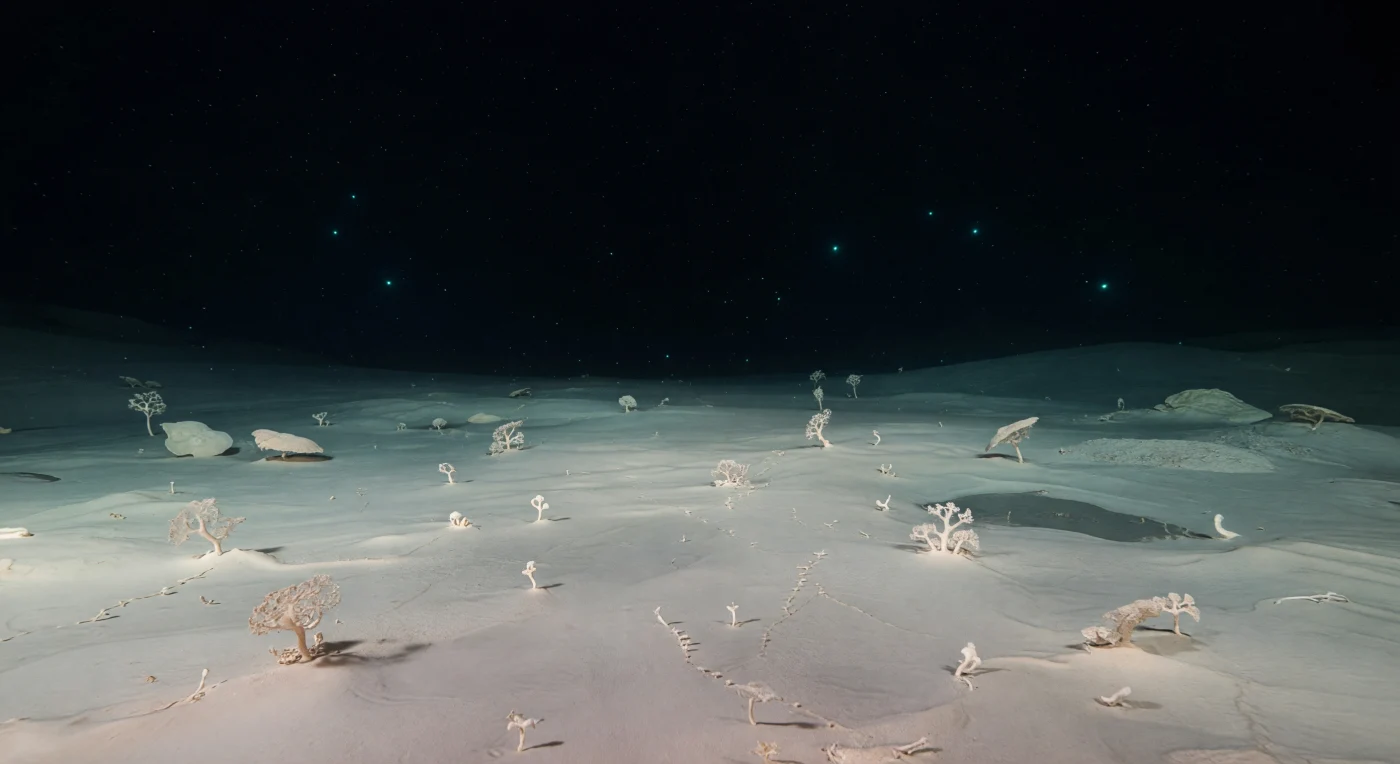 Op de diepste bekende bodem van onze planeet — bijna elf kilometer onder het oceaanoppervlak, waar de druk oploopt tot meer dan duizend atmosfeer — strekt zich een uitgestrekte, bijna grenzeloze vlakte uit van bleekwit tot ivoorkleurig sediment, opgebouwd uit kalkrijke slibdeeltjes die door millennia van langzame bezinking zijn samengedrukt tot een zacht, nauwelijks verstoord tapijt. Verspreid over dit hadale bassin staan reusachtige xenofyoforen — eencellige organismen die behoren tot de grootste enkelvoudige cellen op aarde — als geïsoleerde, krijtachtige sculpturen half weggezonken in het sediment, hun broze, onregelmatige vormen een stille getuigenis van leven dat het ondenkbare heeft overwonnen. Minuscule amphipoden hebben smalle spoorlijntjes achtergelaten in het slib, de enige bewegingssporen in deze verder roerloze wereld, terwijl zeldzame deeltjes mariene sneeuw traag en willekeurig neerdalen door water dat zo koud, zo donker en zo helder is dat het bijna samenvalt met de leegte zelf. Ver boven de vlakte zweven nauwelijks waarneembare blauwgroene vonkjes van bioluminescentie, afkomstig van organismen die in absolute duisternis hun eigen licht dragen, de enige tijdelijke verlichting in een omgeving die al bestaat lang voordat er ogen waren om haar te aanschouwen. Dit is een wereld die volledig in zichzelf bestaat: onbeweeglijk, onmetelijk, en met een stilte die zwaarder weegt dan het water erboven.