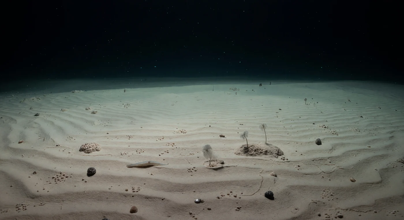 Op vier- tot zesduizend meter diepte strekt zich een van de uitgestrektste en minst verstoorde landschappen ter aarde uit: een bijna eindeloze vlakte van kalkachtige ooze, opgebouwd over millennia uit de microscopisch kleine skeletten van foraminifera en coccolithoforen die langzaam vanuit de verlichte bovenlagen zijn neergedaald. De zachte, crèmebeige oppervlakte draagt de stille sporen van zwak maar aanhoudend bodembewegen — delicate stroomribbels, ondiepe geulen, en de fijne muilen van gangenstelsels gegraven door polychaeten of holothuriën, die dag en nacht door dit sediment ploegen op zoek naar organisch materiaal dat als mariene sneeuw uit de waterkolom neerdwarrelt. Bij een druk van veertig tot zestig megapascal en een temperatuur die nauwelijks boven het vriespunt uitkomt, bewegen een bleke zeekomkommer en enkele gesteelde crinoïden zich vrijwel geluidloos over het reliëf, terwijl een xenofyofoor — een van de grootste eencellige organismen op aarde — als een kwetsbaar netwerk op een iets vaster stukje sediment rust. In de waterkolom erboven lichten sporadische bioluminescente stipjes op in koelblauw en groen, de enige lichtbronnen in een absolute duisternis die dit landschap al bestond lang voordat er een blik op viel.