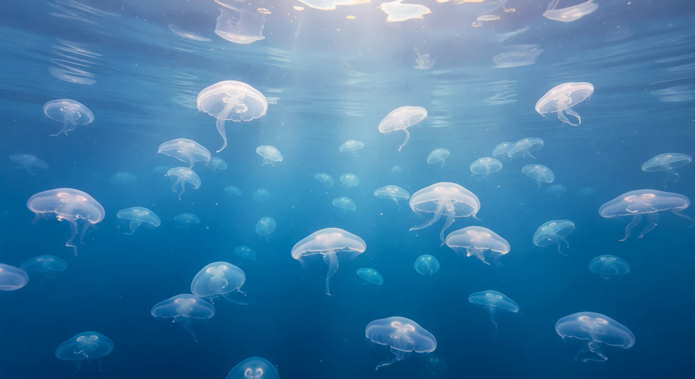 In de bovenste laag van de oceaan, waar zonlicht het zeewater doordringt en de druk nauwelijks meer bedraagt dan aan het oppervlak, drijft een stille gemeenschap van maankwallen — *Aurelia aurita* — door een onmetelijke blauwe waterkolom. Hun doorschijnende schermen, amper meer dan water zelf, vangen de zachte gradiënten van het invallende licht en tonen de vier-bloemige gonaden als vluchtige schaduwen binnenin; fijne ranktentakels omzomen elke umbrella als een nauwelijks zichtbare zoom. Het oppervlak boven hen vormt een golvend, zilveren plafond waarlangs caustieken — golvende lichtpatronen gebroken door het grensvlak van lucht en water — als levende schilderingen door de waterkolom zakken en de gelatineuze lichamen omhullen in een bewegend spel van sapfier en kobalt. In deze epipelagische zone, de meest productieve regio van de oceaan, filteren de kwallen al zwevend microscopisch plankton uit het water, terwijl fijne deeltjes in trage, cirkelvormige stromingen om hen heen draaien — stille getuigen van de thermohaliene bewegingen en getijdenkrachten die dit lichtdoordrongen domein in voortdurende, onhoorbare beweging houden. Hier, waar fotosynthese en predatie elkaar in evenwicht houden en het leven in zijn meest doorschijnende vorm bestaat, pulseert de zee alsof zij ademhaalt — zonder getuige, zonder stilte die ooit wordt verbroken.
