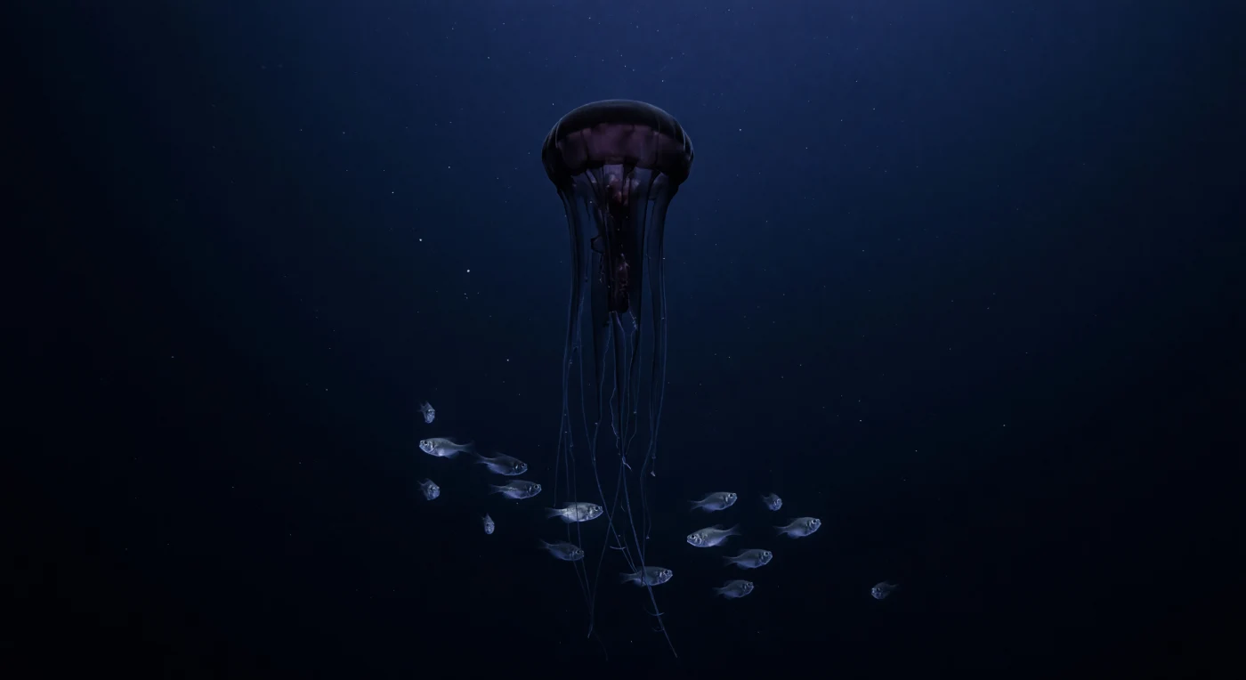 In de waterkolom boven een continentaal talud, op een diepte waar het zonlicht nog slechts als een ver, stervend kobaltblauw doordruppelt, hangt *Stygiomedusa gigantea* roerloos in het koude, gelaagde water — haar brede klok bijna zwart-bordeauxrood, haar vier lintachtige mondarmen als fluisterende gordijnen neerdalend in de duisternis. Op een druk van meer dan vijftig atmosfeer, bij temperaturen rond de zeven graden, is dit lichaam grotendeels water: geen gasbellen, geen stijve structuren, alleen een zachte gelatineuze massa die perfect in evenwicht zweeft in een omgeving die vrijwel elk ander complex leven onmogelijk zou maken. Dwars door de sluiers van die hangende armen trekt een compacte zwerm lantaarnvissen — *Myctophidae* — zijwaarts door het kader, hun zilverachtige flanken en grote donkere ogen voor een ondeelbaar moment oplichtend in het schaarse omgevingslicht, en dan weer opgeslokt door de schaduw. Fijn marien sneeuw dwarrelt vrij door het transparante, heldere water, ongestoord, terwijl verderop in de blauwe-zwarte leegte enkele bioluminescente vonkjes opflakkeren en doven — levende lichtjes in een wereld die al lang bestond voordat er ogen waren om haar te zien.