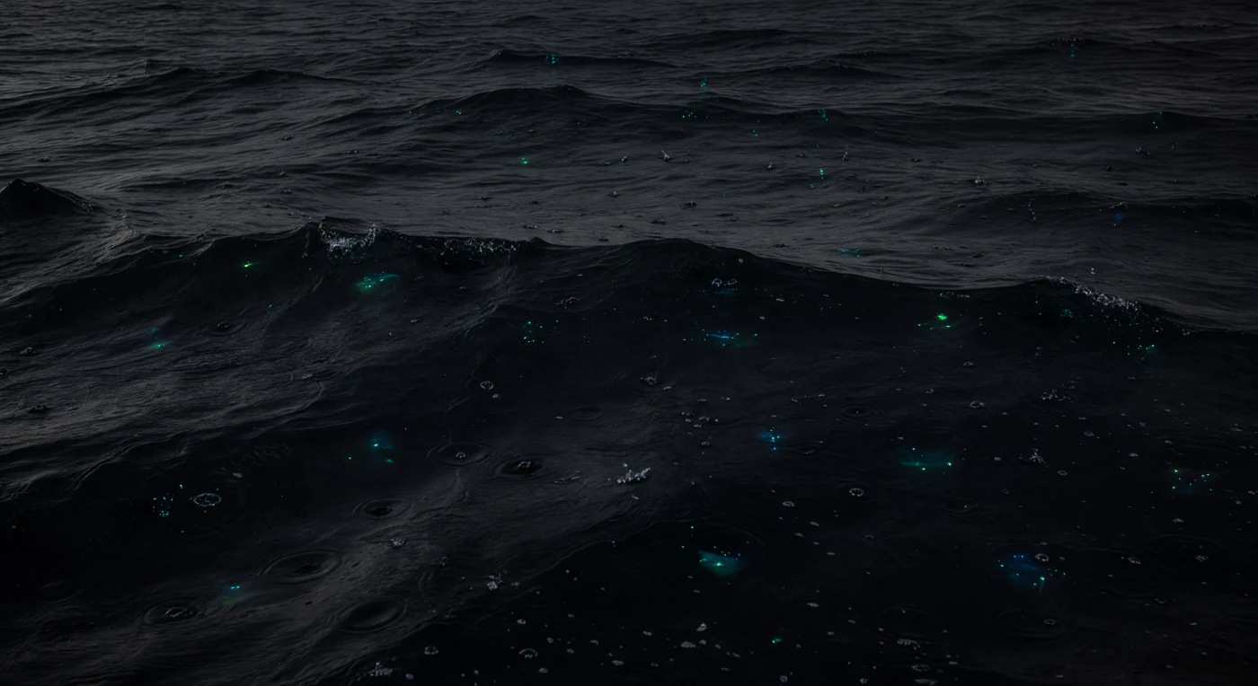 Op het zwarte oppervlak van de open oceaan, ver van elke kust, slaat de regen neer in een onophoudelijk trommelvuur van miljoenen microimpacten — elk druppeltje beitelt een minuscule kroon in het wateroppervlak, injecteert een belletje lucht en brengt een kortstondige holte in de zeehuid die onmiddellijk weer sluit. Daar waar de impact krachtig genoeg is, antwoorden dinoflagellaten en andere bioluminescente planktonorganismen in de bovenste centimeters van de waterkolom met elektrisch blauwe en groene lichtflitsen: mechanische verstoring activeer hun luciferine-luciferase-reactie, zodat het regenoppervlak bezaaid is met vluchtige vonken en sluierhalos van levend licht, uitsluitend aangedreven door de chemische energie van het plankton zelf. Akoestisch is dit één van de luidste omgevingen in de oceaan zonder meteorologische extreme omstandigheden — regendruppels genereren karakteristieke onderwatergeluiden tussen 1 en 50 kHz, vooral door het oscilleren van ingesloten luchtbellen, en vormen zo een akoestisch tapijt dat kilometers ver te detecteren is. Het oppervlak zelf — de zee-microlaag van slechts enkele honderden micrometers dik — is tijdelijk verstoord: de lipiden, organisch materiaal en micro-organismen die normaliter dit grensvlak bewonen worden telkens opnieuw doorbroken en herverdelen zich, terwijl de zoetere regenlenzen de bovenste millimeters stratificeren en een transiënte, smaakverschillende wereld creëren die strikt aan het grensvlak toebehoort. De oceaan bestaat hier volledig in zichzelf: zwart, doorboord door water uit de lucht, en intermitterend gloeiend van onzichtbaar leven.