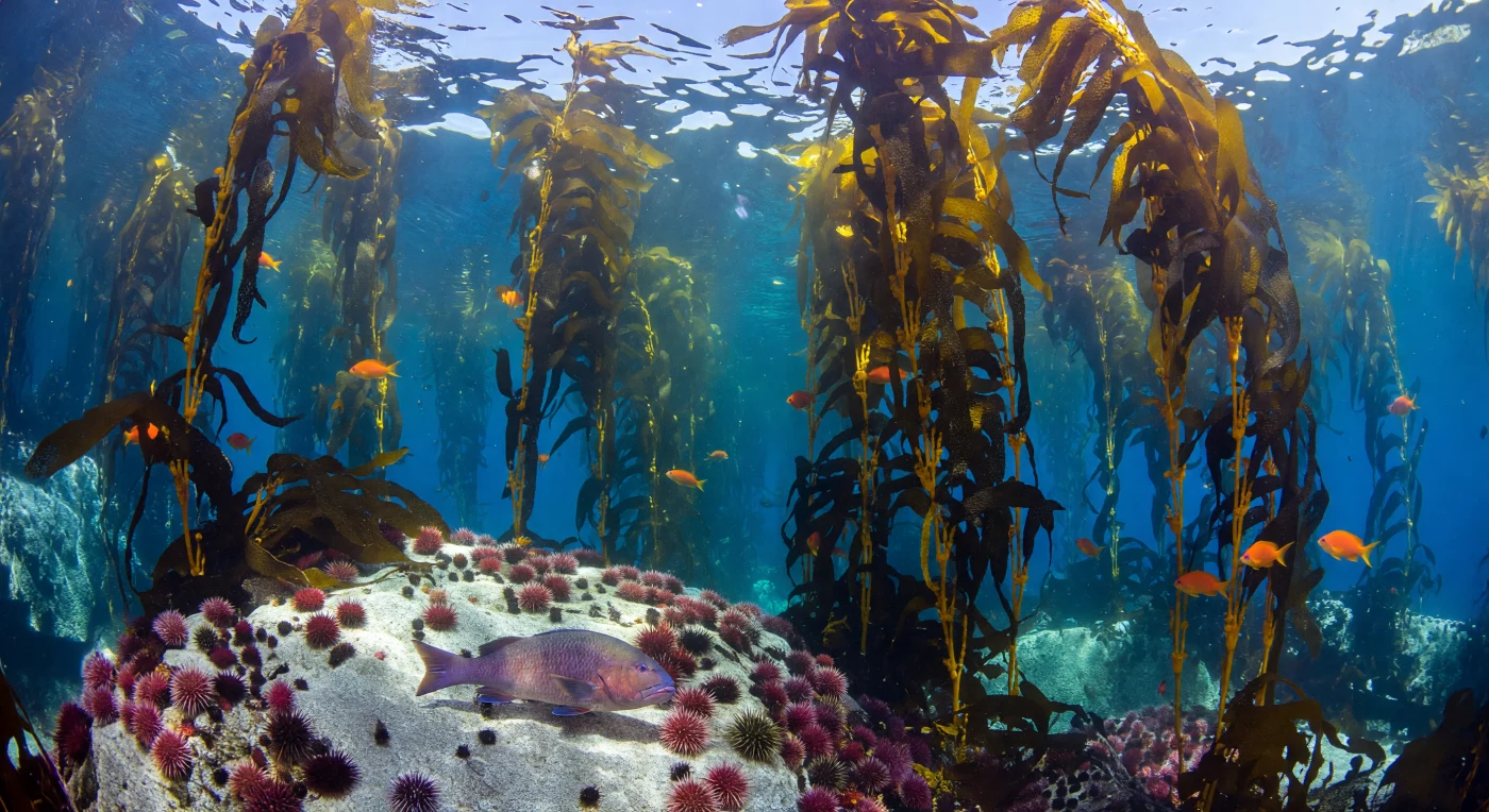 Op een diepte van tien tot vijftien meter, daar waar het zonlicht door het golvende wateroppervlak breekt in blauwgroene lichtstralen en sidderende caustieken, zweeft een grote California sheephead — *Semicossyphus pulcher* — traag boven een bleek, golfgeslepen rotsplateau dat bezaaid is met rode en paarse zee-egels, elke stekelige bol scherp afgetekend in het gefilterde licht. Dit is de frontlinie van een egel-uitbraak: aan de ene kant kaal, afgegraasde rots waar de dieren de kelp tot op de holdfast hebben afgeknaagd, aan de andere kant de nog overeindstaande kathedraal van *Macrocystis pyrifera*, waarvan de bronsgouden bladeren en ronde pneumatocysten als zuilen omhoogrijzen naar een brekende drijvende kruin. Tussen de stipes flikkeren oranje garibaldi's (*Hypsypops rubicundus*) als levende kolen in het helderder water, terwijl fijn gesuspendeerd plankton en organische deeltjes traag door de waterkolom dwalen, verdeeld door de zachte druk van het getijde-gedreven surge dat dit ondiepe kustecosysteem onophoudelijk kneedt. De sheephead is hier geen toevallige passant: als krachtige predator op zee-egels is hij een sleutelfiguur in het ecologische evenwicht tussen kaal steen en weelderig kelp-woud, en zijn aanwezigheid aan precies deze grens verraadt een wereld die zichzelf al miljoenen jaren in stille, onzichtbare onderhandeling houdt.