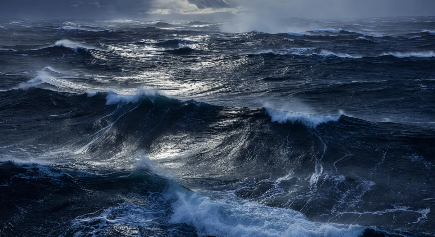 Op het grensvlak tussen atmosfeer en oceaan ontketent een storm een wereld van verwoestende energie: windkrachten van meer dan veertig knopen striemen het wateroppervlak en rijten de golfkammen open tot lange zilveren slierten schuim die downwind worden geblazen in parallelle banen van spindrift. Tussendoor breken maanlichte gaten in het wolkendek en gieten koud, gebroken licht over de asymmetrische zwellingen, waardoor de natte flanken van de golven voor een fractie van een seconde oplichten in metaalblauw en staalgrijs voordat het licht alweer verdwijnt in de volgende trog. Onder het gekartelde oppervlak injecteren brekende golven miljarden luchtbellen in het water, wat de gasuitwisseling tussen zee en atmosfeer sterk versnelt en de bovenste waterlagen tijdelijk doet schiteren van melkwitte bellenwolken; dit mechanische mengproces — gekoppeld aan Langmuir-circulatie en Stokesdrift — transpor­teert warmte, zuurstof en aerosolen op een wijze die bepalend is voor het mondiale klimaatsysteem. De horizon is uitgewist door een wazige nevel van rondvliegend zout en opspattend water, en wat overblijft is puur oceaan in zijn meest onaantastbare, onbewoonde staat: een bewegend reliëf van kammen en troggen dat al miljoenen jaren bestaat zonder getuige.