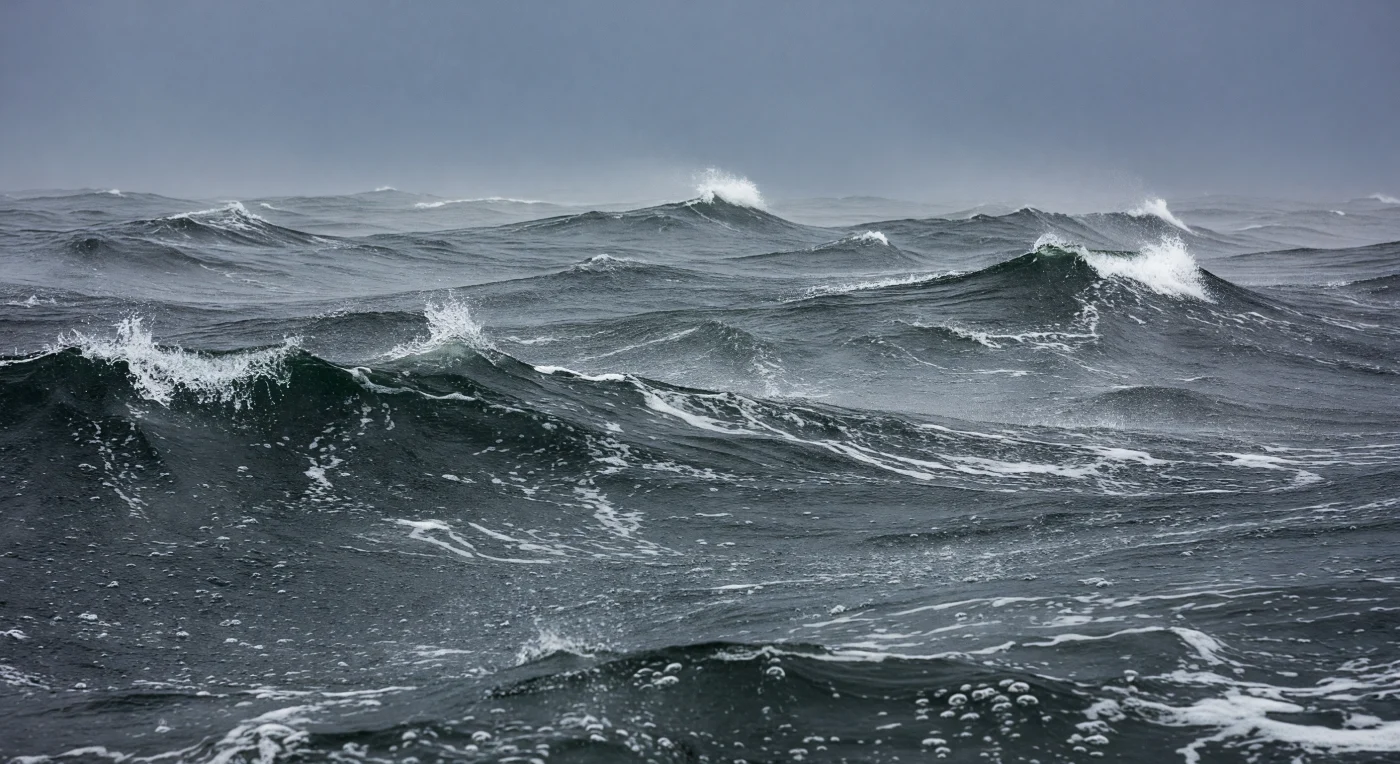 Op het grensvlak tussen oceaan en atmosfeer ontketent een zware storm een chaos van geweld en beweging die diep doordringt in de waterkolom eronder. Windkrachten van Beaufort 9 tot 10 scheuren het wateroppervlak open in steile, kruisende golfwanden waarvan de kammen instorten tot spatten spindrift die vlak langs de zee worden meegesleurd; elke trog wordt geteisterd door striemende regen die honderden vluchtige spaterkransen en deukkraters stempelt in het reeds turbulente oppervlak. De zee-lucht-grenslaag — wetenschappelijk slechts enkele micrometers dik maar dynamisch uitgestrekt over de bovenste meters van de waterkolom — fungeert als de voornaamste motor van uitwisseling tussen oceaan en atmosfeer: brekende golven pompen massale bellenplumes de diepte in, waardoor zuurstof en kooldioxide met ongekende snelheid worden uitgewisseld en het bovenste zeewater lokaal oververzadigd raakt. Langmuir-circulatiecellen organiseren het schuim en de bellenstrepen in parallelle convergentiestreepjes die downwind uitgerekt worden, terwijl de diffuse, zilvergrijze wintersluierverlichting die door de dikke stormwolken sijpelt het opaalwit van het schuim hard afsteekt tegen het loodgrijze en groenachtig zwarte water. Hier, in dit gewelddadige, naamloze grensgebied, bestaat de oceaan volledig in zichzelf — donderend, borrelend, opsplitsend en hersluitend in een eeuwig ritme waarvan geen enkel oog getuige is.