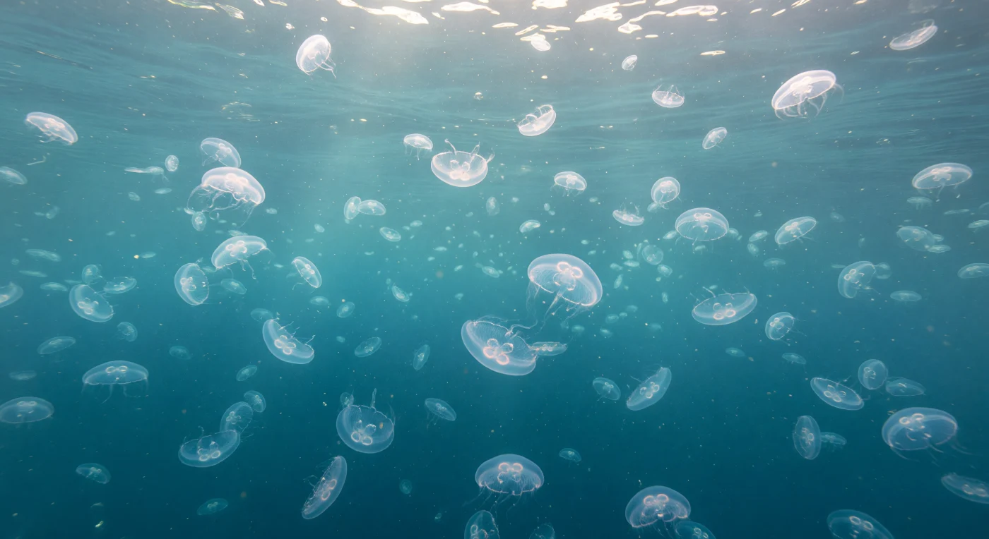 In de bovenste tweehonderd meter van de oceaan — waar zonlicht nog diep genoeg doordringt om fotosynthese mogelijk te maken — drijft een levend gordijn van ribkwallen door het blauwe water, zo doorschijnend dat ze nauwelijks van het water zelf te onderscheiden zijn. Ctenoforen behoren tot de oudste meercellige dieren op aarde: ze bezitten geen nematocysten zoals echte kwallen, maar vangen prooi met kleverige colloblastten, terwijl hun kammende trilhaarrijen — de ctenen — prismatisch licht breken in vluchtige regenboogbandjes die langs hun lichaam flitsen. De waterkolom staat hier onder een druk van slechts één tot elf atmosfeer, is verzadigd met zuurstof en doordrongen van zacht gebroken zonlicht dat in diagonale strepen en verschuivende caustieken neerdaalt vanuit het gerimpelde oppervlak boven. In deze bloei kunnen de dichtheden oplopen tot duizenden individuen per kubieke meter, een tijdelijk overvloed gedreven door warme temperaturen, rustige stratificatie en een overschot aan copepoden en larvaal plankton als voedsel. Hier, in dit verlichte en toch gewichtloze rijk, bestaat de oceaan als een levend kristal — oud, stil en volmaakt onverschillig voor welke blik dan ook.