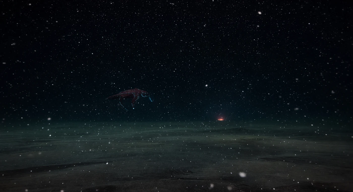 In de absolute duisternis van de middernachtzone, op diepten waar het gewicht van het water boven neerkomt als honderden atmosferen, glijdt een eenzame maroonzwarte roofvijand door een gestage val van mariene sneeuw — microscopische deeltjes organisch materiaal die als stille regen neerdalen vanuit de wereld daarboven, waarvan geen spoor meer zichtbaar is. De gedaante is bijna volledig opgelost in het zwart, alleen af en toe verraden door een handvol ijlblauwe fotoforen die even zijn contouren omlijnen, een bioluminescente taal die tegelijk lokt en misleidt in een omgeving waar elk zintuig tot het uiterste is geëvolueerd. Diep beneden tekent zich vaag een uitgestrekte abyssale vlakte af — een vlak, slibbedekkend basaltisch landschap dat zich in alle richtingen uitstrekt in volkomen stilte en thermische stabiliteit, nauwelijks verlicht door een ver verwijderd chemoluminescent schijnsel van een hydrothermale pluim aan de horizon. Hier bestaat geen seizoen, geen getij, geen licht van zon of maan: alleen de grillige geometrie van honger en kans, de koude constante van bijna-vriespunt water, en de stille aanwezigheid van leven dat miljarden jaren van evolutie heeft doorstaan zonder ook maar één getuige te behoeven.