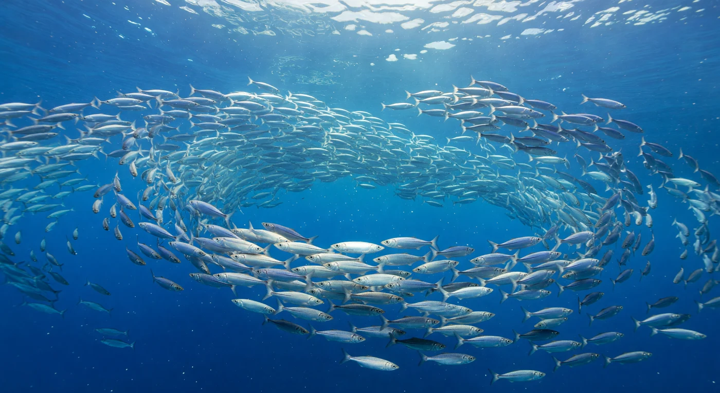 In de bovenste twee honderd meter van de oceaan, waar zonlicht nog volledig doordringt en de druk slechts enkele atmosfeer bedraagt, woelt een levende spiraal van sardines door het saffierblauwe water. Duizenden *Sardina pilchardus* draaien in volmaakte synchronie, hun flanken bedekt met guanine-kristallen die elke wending omzetten in een flitsende mozaïek van zilver, witgoud en staalgrijs — een collectief antipredatiegedrag bekend als het Selfish Herd-principe, waarbij het individu bescherming vindt in de massa. Vanuit de gerimpelde oppervlakte dalen godstralen neer door het waterkolom, verlichten de comprimerende bogen van vissen en lichten op in het fijne plankton en de delicate mariene sneeuw die vrij zweeft in deze meest productieve laag van de zee. Dit is de epipelagische zone op zijn dynamischst: een ruimte waar fytoplankton fotosynthese bedrijft, waar zoöplankton, sardines, en de grotere jagers die hen achtervolgen, gebonden zijn aan een eeuwige kringloop van energie en beweging. Hier bestaat de oceaan als een wereld van licht en ritme, draaiend in zijn eigen stille logica, ver buiten elke menselijke waarneming.
