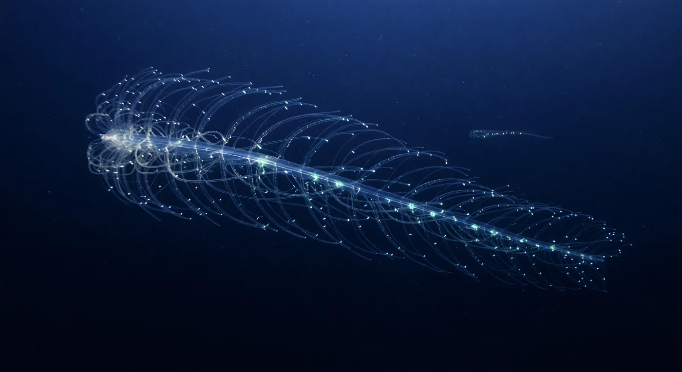 Op vijf- tot zevenhonderd meter diepte, ver voorbij waar zelfs het laatste spoortje zonnelicht nog enige betekenis heeft, hangt een reus onder de reuzen van de open oceaan — een sifонофoor van mogelijk tientallen meters lengte, wiens kolonie zo doorschijnend is dat zij nauwelijks als materie bestaat. Alleen de turkooisblauwe bioluminescente pulsen die ritmisch langs de centrale steel reizen, onthullen de werkelijke omvang van het voedingsgordijn: een fijn gerasterd netwerk van haardunne tentilla dat zich diagonaal door de waterkolom uitstrekt, een levend vangnet van biologisch glas dat passief de duisternis doorkruist op zoek naar copepoden, kleine vissen en gelatineus zoöplankton. De druk hier — vijftig tot zeventig atmosfeer — is geen beletsel maar een fundamentele voorwaarde voor dit leven; de fauna heeft zich over honderden miljoenen jaren aan precies deze omstandigheden aangepast, met weefsels die bijna even dicht zijn als het water zelf. Hier en daar vlamt een microscopische turkooisgroene vonk op waar een prooidier de tentilla raakt en een chemische alarmreactie activeert, terwijl in de blauwe achtergrondduisternis de silhouet van een addervis langzaam voorbijglijdt, zijn rij fotoforen oplichtend als koele sterren op een bewegende hemelband. Dit alles voltrekt zich in volkomen stilte, zonder getuige, precies zoals het al voltrok lang voordat er ogen waren om het te zien.