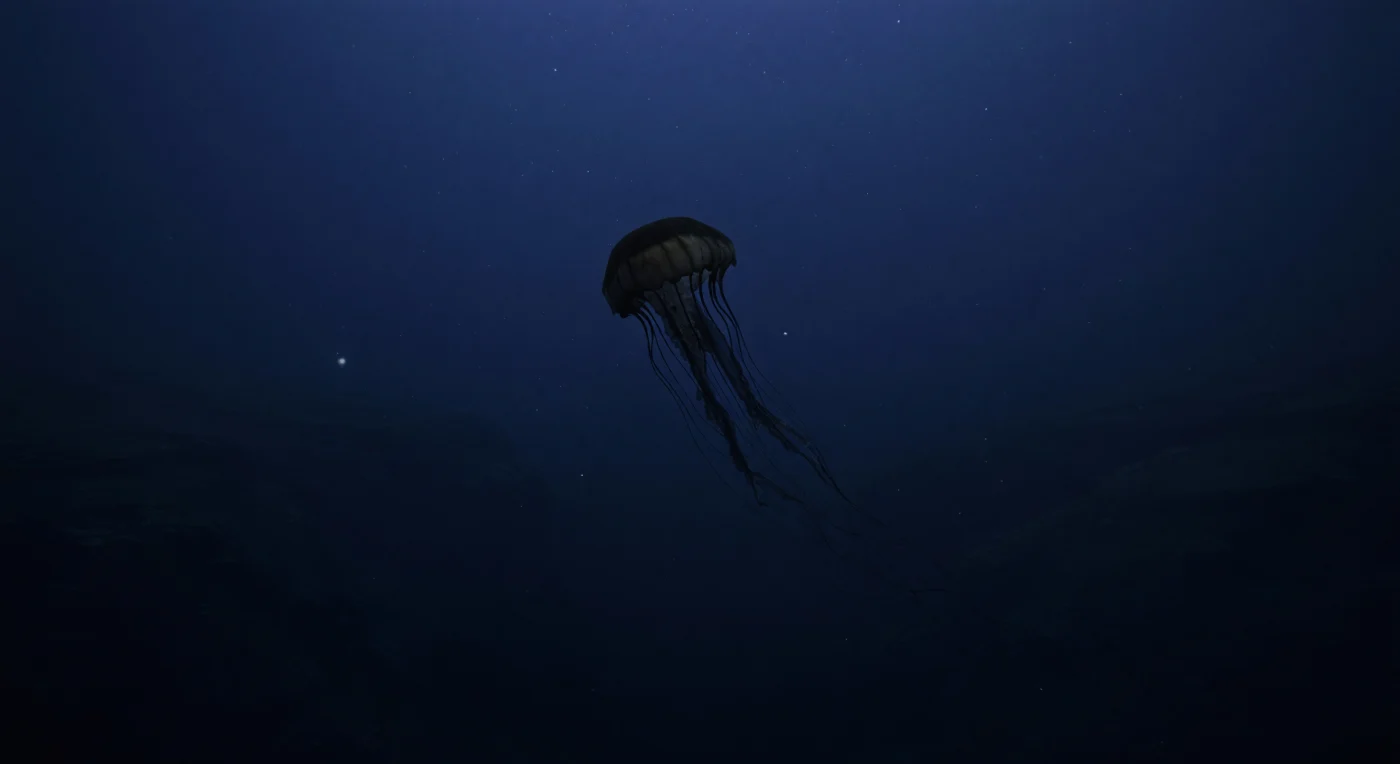In de schemerzône boven een continentale helling hangt *Stygiomedusa gigantea* roerloos in de waterkolom, haar brede klok nauwelijks onderscheiden van het donkere blauw dat haar omringt — een wezen van bijna uitsluitend water, zwevend bij drukken van vijftig atmosfeer of meer, waar het laatste restje neerwaarts dalend zonlicht nauwelijks nog een zwakke kobaltgloed in het water nalaat. Haar vier lintvormige mondarmen dalen diep onder haar uit en drijven langs de vage contouren van de canyonwand, die zich als een versluierd reliëf in het blauw-zwart oplost, bedekt onder een gestage neerslag van mariene sneeuw — organisch stof, bacteriën en vergaan weefsel dat als een stille regen uit de bovengelegen lagen neerdaalt. *Stygiomedusa gigantea* behoort tot de grootste bekende kwallen ter wereld, met een klok die meer dan een meter breed kan worden en armen die tienmaal zo lang kunnen zijn, en toch blijft zij in netten vrijwel onvangbaar, zo breekbaar dat alleen het water zelf haar vorm in stand houdt. Verderop in het duister flikkeren enkele koude puntjes bioluminescentie — onzichtbare organismen die met licht communiceren in een wereld waaruit elk zonnelicht definitief verdwenen is — terwijl de canyon zich zwijgend in de diepte uitstrekt, ongerept en volledig aan zichzelf overgelaten.