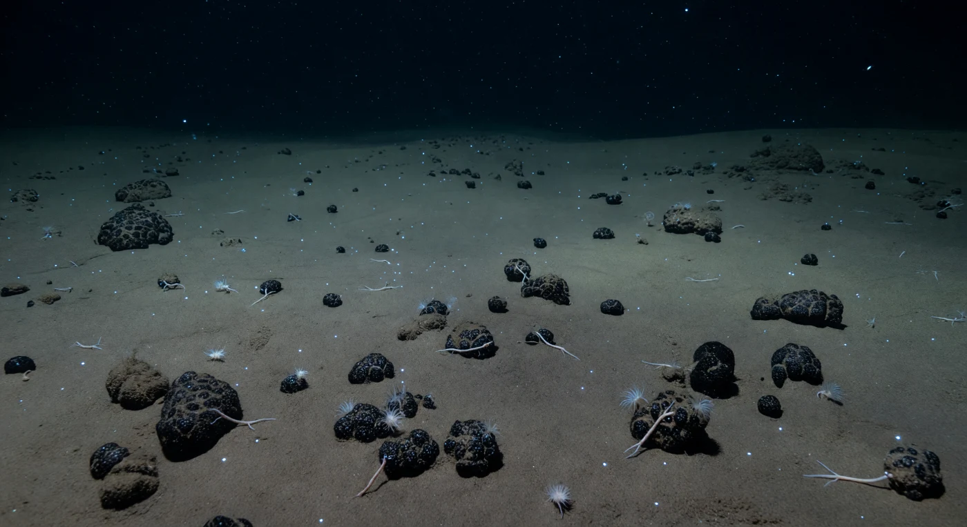 Op zo'n vijf kilometer diepte — waar het gewicht van de oceaan neerkomt op meer dan vierhonderd atmosfeer — strekt zich een uitgestrekte abyssale vlakte uit, bedekt met een gelijkmatige laag bleek grijs-bruin slib dat zich gedurende miljoenen jaren, korrel voor korrel, heeft afgezet. Verspreid over dit zachte sediment liggen zwarte polymetallische mangaanknollen, sommige half begraven, andere volledig blootgesteld met hun matte, fijnkorrelige oppervlak, elk een geologisch archief van onvoorstelbare tijdschalen — ze groeien met nog geen tien millimeter per miljoen jaar. Tussen de stenen staan enkele kleine witte zeeanemonen vastgehecht aan de knollen als stille schildwachten, terwijl bleekkleurige slangsterren traag uitgespreid liggen over het slib, hun dunne armen losjes gedrapeerd over de stenen in een wereld die vrijwel geen energie kent. Marien sneeuw — de constante neerwaartse stroom van organisch materiaal vanuit de verlichte wateren ver daarboven — dwarrelt in dit absolute duister vrijelijk neer, terwijl verspreide cyaanblauw bioluminescente stipjes van microscopisch kleine organismen de enige lichtbronnen vormen in een omgeving waar het zonlicht al duizenden meters geleden volledig is uitgedoofd. Dit is een wereld van volmaakte stilte en koude bestendigheid, waar het leven spaarzaam maar onmiskenbaar aanwezig is, en waar iedere bewoner is aangepast aan een bestaan dat mensen zich nauwelijks kunnen voorstellen.