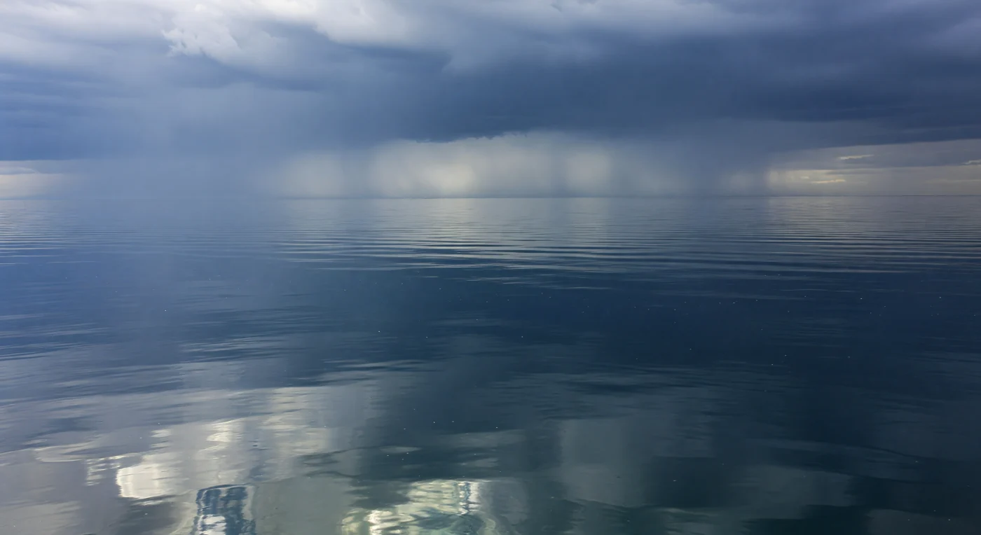 Op het grensvlak tussen lucht en oceaan, daar waar atmosfeer en zeewater elkaar raken in een laag van nauwelijks een millimeter dik, hangt de wereld in volmaakte stilte. De zee toont zich als een spiegel van gepolijst leisteen: het oppervlak is een echte *mer d'huile*, een Beaufort 0-toestand waarin geen wind genoeg kracht bezit om ook maar een golfje te vormen, enkel de traagste deining van ver golft onzichtbaar onder de glazen huid door als een herinnering aan een storm ergens over de horizon. Het zeeopppervlak-microlaagje — de *sea-surface microlayer* — is een biochemisch bijzondere film van slechts enkele micrometers dik, verrijkt met lipiden, eiwitten, mariene bacteriën en fytoplankton dat zich concentreert in dit uiterste grensmilieu, waar gaswisseling van kooldioxide en zuurstof tussen oceaan en atmosfeer plaatsvindt op moleculair niveau. Diffuut daglicht, gefilterd door een dik wolkendek van naderende regen, glijdt over het spiegelende oppervlak als koude zijde, terwijl enkele decimeters dieper het water transparant blauwgroen wordt en snel verdwijnt in staalblauwe duisternis, beladen met zweefdeeltjes die het licht zachtjes verstrooien maar nooit breken. Verderop, aan de horizon, laat een regengordijn zijn grijszilveren sluiers zakken naar het wateroppervlak, en hier, vlak voor de regen arriveert, bestaat de oceaan in zijn meest absolute rust — levend, ademend, volstrekt onverschillig voor enige getuige.