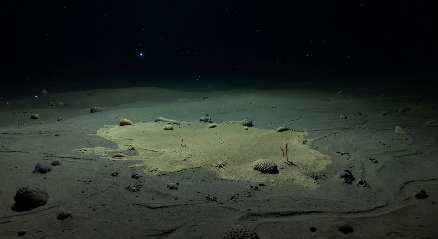 Op de vlakte van de diepe oceaanbodem, op meer dan vierduizend meter diepte waar de druk meer dan vierhonderd atmosfeer bedraagt, ligt een vers neergezakt floers van phytodetritus uitgespreid over het sombere sediment — een olijfbeige sluier die de gewoonlijk egaal grijsbruine modder zachter en net iets lichter maakt, een teken dat ergens ver boven dit duister een bloei van fytoplankton zijn einde vond en in stilte naar beneden dwarrelde. Holothuriën bewegen zich traag en methodisch over dit organische laagje, hun sporen kruisend met die van andere depositeneters in een web van ondiepe groeven en worpjes fecale afzettingen, terwijl zeeslangen met hun armen laag langs de bodem gepositioneerd blijven en een solitaire xenofyofoor als een grijs-beige korstformatie op de modder rust. Verspreid in het ijskoude, volkomen duistere water boven de vlakte flikkeren af en toe koele, cyaanblauwe bioluminescente pulsen op — vluchtige lichtflitsen van organismen die de waterkolom bewonen en waarvan het bestaan nooit afhankelijk was van zon of boven­wereld. Dit is een wereld die al miljoenen jaren in absolute stilte bestaat, onder een permanent gewicht van water dat elk geluid en elke herinnering aan het oppervlak volledig uitwist.