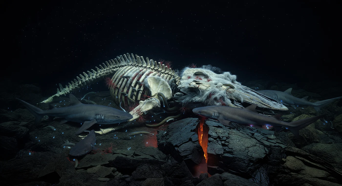 In de absolute duisternis van de diepzeebodem, op meer dan duizend meter onder het oceaanoppervlak, rust een reusachtig walvisskeleton op vers, nog warmend basalt — een ontmoeting van twee werelden die zelden samenvallen. De spleet in de oceaanbodem gloeit dof oranje door een huid van glasachtig zwart gesteente, vers gebroken langs de mid-oceanische rug waar twee tektonische platen uiteen worden gedreven; in dat zachte schijnsel worden de scherpe breukvlakken van het gekoelde lavagesteente en de drijvende mineraaldeeltjes in het water zichtbaar, elk kristal voor een ogenblik omlijnd voor het weer verdwijnt in het zwart. Het skelet zelf is een reducerende oase: dikke witte bacteriematten bedekken de wervels en ribben als rijp, terwijl Osedax-wormen — de zogenoemde botwurmen — hun wortelachtige structuren diep in het poreuze botweefsel boren en er organische verbindingen uit extraheren die na de dood nog decennia vrijkomen; slijmalen glijden knopend door de schedel, en brede, trage Somniosus-haaien cirkelen in trage bogen om het karkas, hun bewegingen bijna ceremonieel in het gewicht van honderden atmosferen druk. Hier en daar flikkeren zwakke cyaan- en blauwgroene bioluminescente lichtpuntjes op van kleine organismen wier eigen biologie licht produceert zonder warmte, even het natte glinsteren van een schubbenrij of een botrand aftekenend, voordat de chemisch rijke, sulfidehoudende stilte alles weer terugtrekt in het eeuwige donker van een wereld die volledig op zichzelf bestaat.
