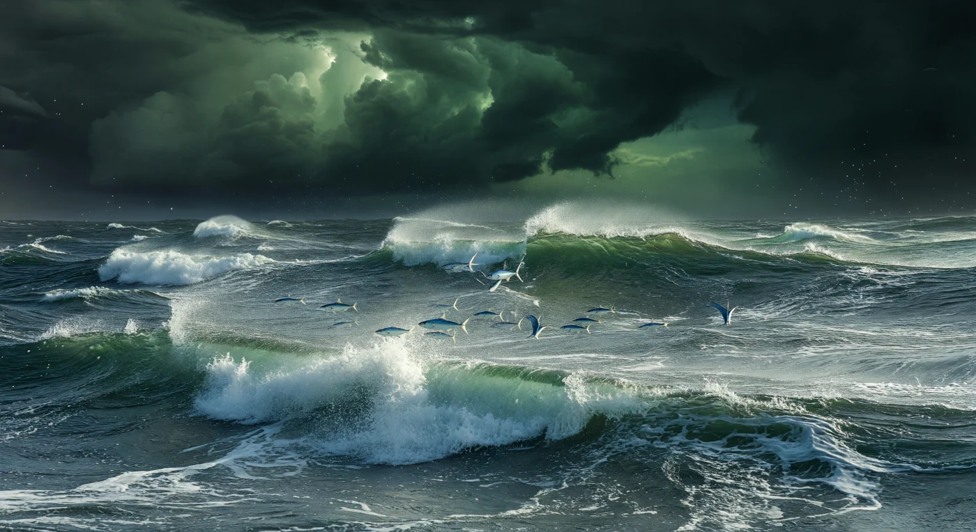 In de tropische Stille Oceaan en Atlantische Oceaan komt *Exocoetus volitans* en verwante vliegende vissoorten voor in de toplaag van de open oceaan, de zogenoemde epipelagische zone, waar zonlicht nog doordringt maar tijdens een zware squall wordt gefilterd door kilometers dik wolkendek tot een koud, groengrijs schijnsel. De waterkolom direct onder het oppervlak is in storm­condities verzadigd met zuurstof door de constante injectie van luchtbellen via brekende golven, terwijl Langmuir­circulatie en windgedreven menging warme en koude waterlagen door elkaar slaan en de saliniteit tijdelijk plaatselijk verlaagt door de bakken regen die neerstorten op het oppervlak. Vliegende vissen ontsnappen aan roofdieren als mahi-mahi en tonijn door hun krachtige staartslag in het water om te accelereren tot meer dan zeventig kilometer per uur, waarna zij met gespreide borstvinnen — die anatomisch meer op vleugels lijken dan op gewone vinnen — tot vijfhonderd meter kunnen zweven vlak boven de golftops, ondersteund door de liftwerking van de lucht direct boven het bewogen wateroppervlak. Tijdens een squall is die grens tussen zee en lucht maximaal vervaagd: spindrift, schuimstrepen en aërosolen vormen een dichte waas van zout water in de atmosfeer, terwijl subsurface bellen­wolken het licht verstrooien en de bovenste meters van de oceaan wit en ondoorzichtig maken. Dit grensvlak, ruw en zuurstofrijk, is een van de meest energetisch beladen plekken op aarde, waar de oceaan haar massa en warmte uitwisselt met de atmosfeer en waar leven bestaat in een permanente staat van turbulenties die geen enkel ander marrien milieu evenaart.