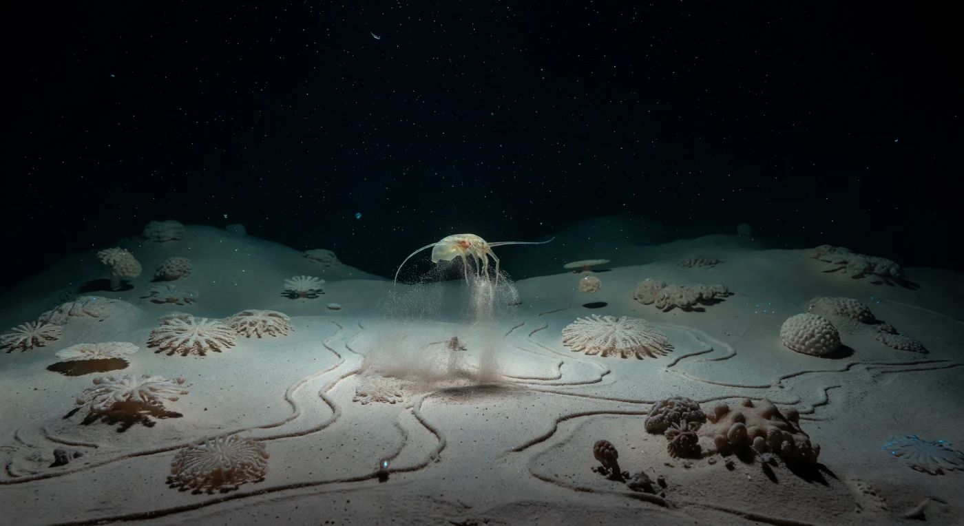 In de diepste bekende uitholling van de aardkorst, op bijna elf kilometer onder het oceaanoppervlak, glijdt een reusachtige amfipode over een vlakte van bleekwit-beige slib — een dier dat door miljoenen jaren hadaalse evolutie is gevormd tot meester van duisternis en druk. Zijn doorschijnend glazen lichaam, met een zweem van barnsteenkleurig organisch weefsel binnenin, beweegt traag over een patroon van oudere sporen die diep in het fijne sediment zijn gedrukt, stille getuigen van vergelijkbare reizen door het eeuwige donker. Onder zijn lange, delicate aanhangsels wiegt een gordijn van opgewerveld slib bijna roerloos in het ijskoude water van ongeveer anderhalve graad Celsius, elke korreltje opgehangen in een stilte die wordt afgedwongen door een druk van meer dan duizend atmosfeer. Rondom hem rusten reuzenxenofyoforen als ingewikkelde bleke rozetten op de zachte bodem — enorme eencellige organismen die het fijnste mariene sneeuw opvangen dat langzaam vanuit de wereld daarboven neerdaalt — terwijl de duisternis alle randen van het tafereel verslindt. Hier en daar flikkert een ijl blauwgroen bioluminescent sprankje op uit het zwarte water, net voldoende om de gebogen mantel van de amfipode en de verfijnde textuur van het slib te omlijnen in een wereld die al bestond lang voordat er ogen waren om haar te aanschouwen.