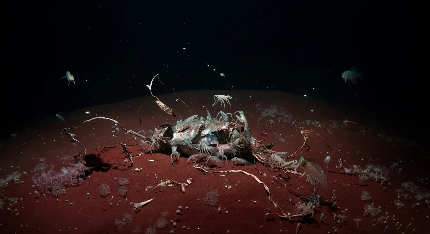 In de Sirena Diepte, de op één na diepste bekende depressie van de Mariana Trog, oefent de waterkolom een druk van meer dan duizend atmosfeer uit op alles wat hier rust — een wereld van absolute stilte en eeuwige duisternis, ver voorbij het bereik van zonlicht. Op de rode hadal-sedimentbodem, samengesteld uit millennia van langzaam neerdwarrelend marinesneuw en fijn klastisch materiaal, liggen de ingezakte resten van een vis die van nature is gezonken: een zogenoemde "whale fall" op schaal van de diepste zee, waarbij het karkas nu dient als een tijdelijke oase van biomassa in een overigens voedselarm landschap. Kolossale hadal-vlokreeften — Hirondellea gigas en verwante soorten die tot enkele centimeter lang worden en specifiek geëvolueerd zijn voor het leven onder extreme druk — zwermen in dichte, gestratificeerde clusters over het vlees, hun doorschijnende chitinepantsers en gesegmenteerde ledematen telkens even zichtbaar wanneer flauw koud groen bioluminescentielicht van microscopisch kleine drijvende organismen hen even omlijnt. Rondom het karkas staan velden van xenofyoforen opgericht als broze, bleekwitte rozetten en kantwerk op de rode modder — ééncellige reusachtige protisten die tot de grootste individuele cellen op aarde behoren en deze uiterste diepte bewonen als stille filters van organisch materiaal. Aan de rand van het waarneembare zweeft als een bleke geest een hadal-slakvis, Pseudoliparis-soort, die de vlokreeftenzwerm omcirkelt in de ijskoude, kristalheldere stilte van een wereld die volledig buiten ons bestaan om bestaat.