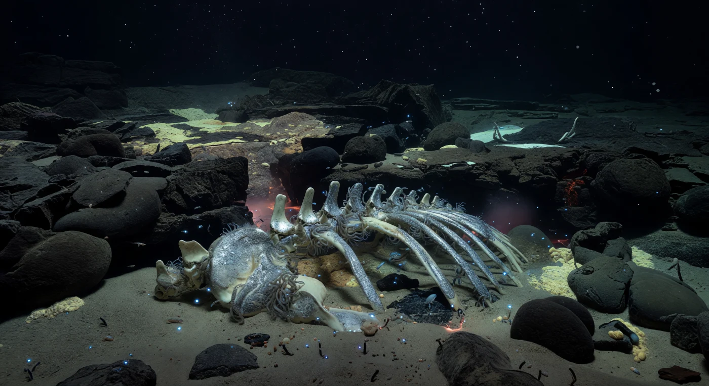 Op de flank van een mid-oceanische rug, op een diepte tussen 2.500 en 3.000 meter, rust het skelet van een gestrande walvis half weggezonken in zwavelhoudend sediment tussen donkere kussenlava en gebarsten basaltblokken — een stille erfenis van een leven dat ooit aan het oppervlak eindigde. De ribben en wervels, omhuld door dichte bacteriële films die het bot een zilveren, olieachtige glans geven, worden omringd door kolonies beeneetende wormen (*Osedax* sp.), wier tere tentakelkronen pulseren vanuit de merg-rijke holten van het geraamte. In het volledig afwezige zonlicht op deze diepte — waar de druk meer dan 280 atmosfeer bedraagt en temperaturen rond de 2 à 4 °C liggen — vormt de walvival een tijdelijk maar bijzonder oase van chemische energie: zwavelbacteriën benutten de lipiden en eiwitten van het bot als brandstof, en creëren zo een microhabitat dat tientallen jaren kan standhouden. Tintelende cyaan-blauwe bioluminescente flitsen van aasschrobbers — amfipoden en garnalen die in het schemerdonker wervelen — lichten het geometrische reliëf van de wervels op, terwijl vanuit een nabijgelegen diffuse hydrothermale spleet een sluierend oranje schijnsel sijpelt over zwavel-bevlekte sedimenten, alsof de aarde zelf smeult onder dit eenzame, levende graf.