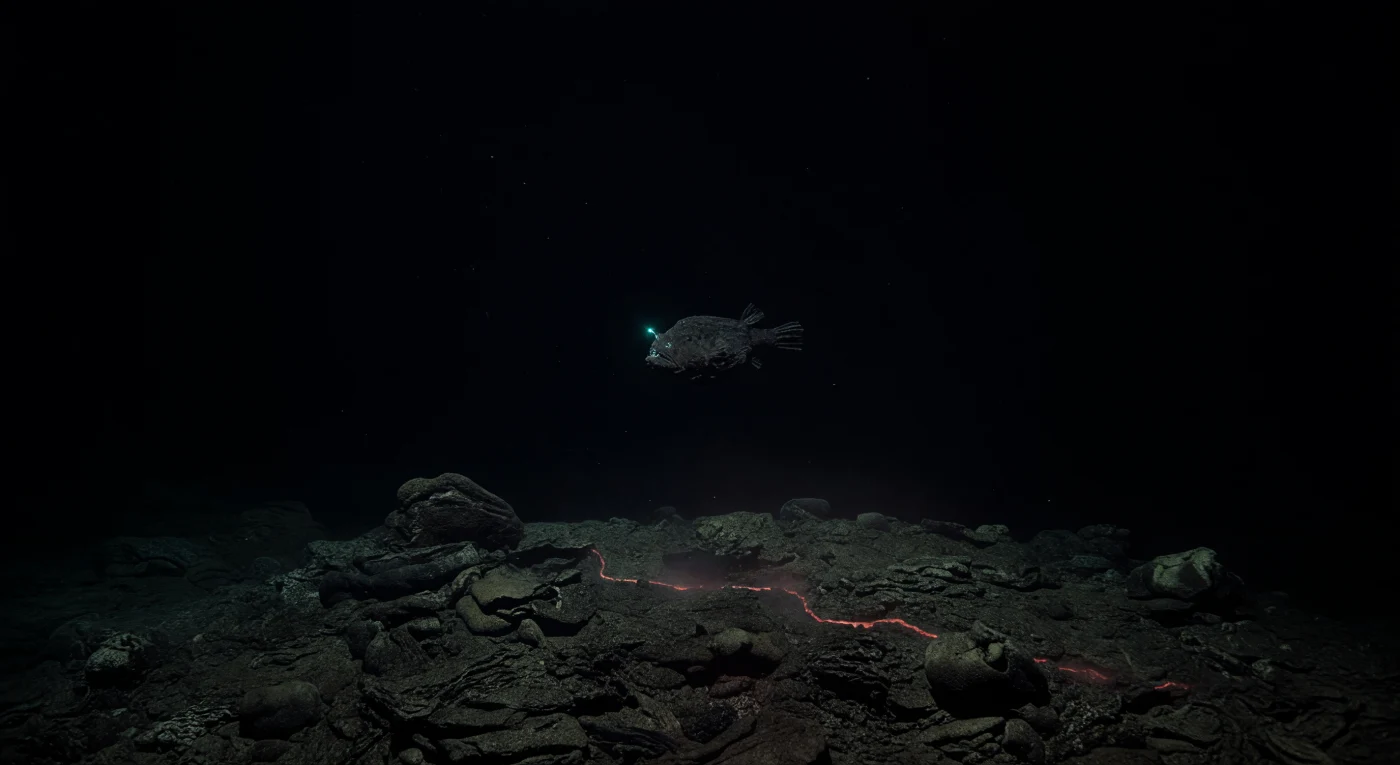 Boven een gebroken heuvelrug van vers uitgestoten basalt, op zo'n tweeënhalf tot drieduizend meter diepte, hangt een diepzee-hengelvisje roerloos in het absolute zwart van de oceaan — een wezen dat het donker bewoont als ware het een element. Zijn esca, een levend lichtorgaan aangedreven door bioluminescente bacteriën in een symbiotische relatie die miljoenen jaren oud is, brandt als één enkel blauwgroen punt en tekent zachtjes de bobbelige kop, de naaldscherpe tanden en de rafelige vinranden af, terwijl de rest van het lichaam oplost in het omringende niets. Onder hem laat het jonge korstgesteente zich nauwelijks raden: geplooide kussenlavakussens, ineengezakte lavalobben met een glasachtige zwarte korst, en een smalle eruptiespleet waaruit een nauwelijks waarneembare chemoluminescente oranje-rode waas opstijgt — het gevolg van diffuse hydrothermale circulatie waarbij zeewater door heet basalt percoleer en mineraalrijke vloeistoffen vrijkomen die de chemosynthetische basis van dit voedselweb vormen. De waterkolom hier kent een druk van meer dan 250 atmosfeer, geen spoor van zonlicht, een temperatuur net boven het vriespunt, en toch zweeft er marien sneeuw — resten van organisch materiaal dat langzaam neerdaalt vanuit de verlichte lagen ver boven — als een stille, koude regen die het leven verbindt met een wereld die dit dier nooit zal kennen.