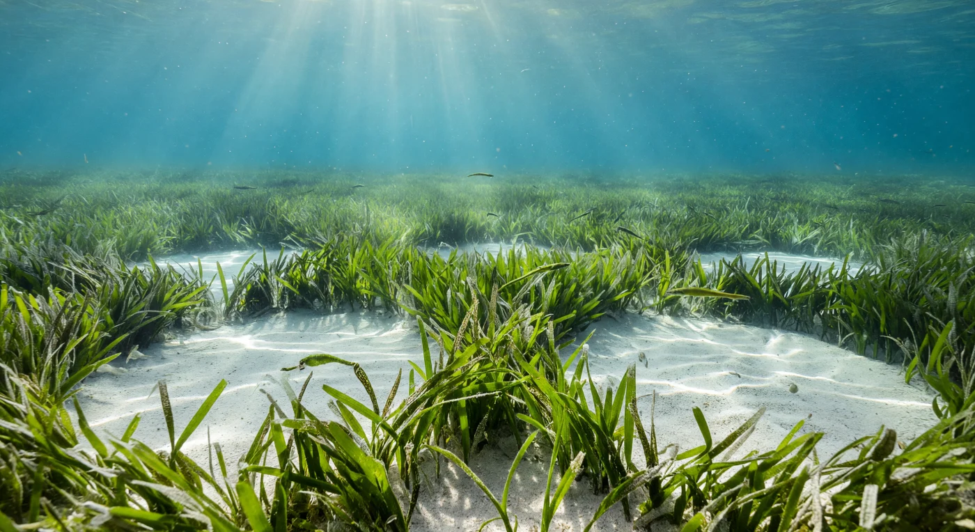 In de ondiepe kustwateren waar zeegras welig tiert, valt het zonlicht in brede bundels door een heldere, blauwgroene waterkolom van slechts enkele meters diep — het water trilt van licht, en golvende caustieken tekenen zich af op het fijne carbonaatzand dat zichtbaar is in de cirkelvormige openingen tussen de dichte zeegrasmatten. *Halodule* en verwante zeegrassoorten vormen hier een mozaïek van levende tapijten, hun lintachtige bladeren bedekt met een fijne laag epifytische algen en diatomeeën, terwijl tussen de verticale bladeren naaldvissen (*Syngnathidae*) vrijwel bewegingloos hangen, hun slanke, olijfgroene lichamen volkomen opgegaan in de geometrie van de vegetatie. Glashelder zwevende garnalen, hun transparante lichamen nauwelijks zichtbaar tot een strook zonlicht hun interne anatomie even zichtbaar maakt, drijven boven de heldere zandplekken waar fijne zandkorrels nog de sporen dragen van de laatste getijstroom. Op deze ondiepte, waar de druk nauwelijks meer dan twee atmosfeer bedraagt en de fotosynthese op volle kracht plaatsvindt, is de primaire productie aan zijn intensiefst — een wereld van warmte, licht en stille overvloed die bestaat zonder getuige, precies zoals hij altijd heeft bestaan.