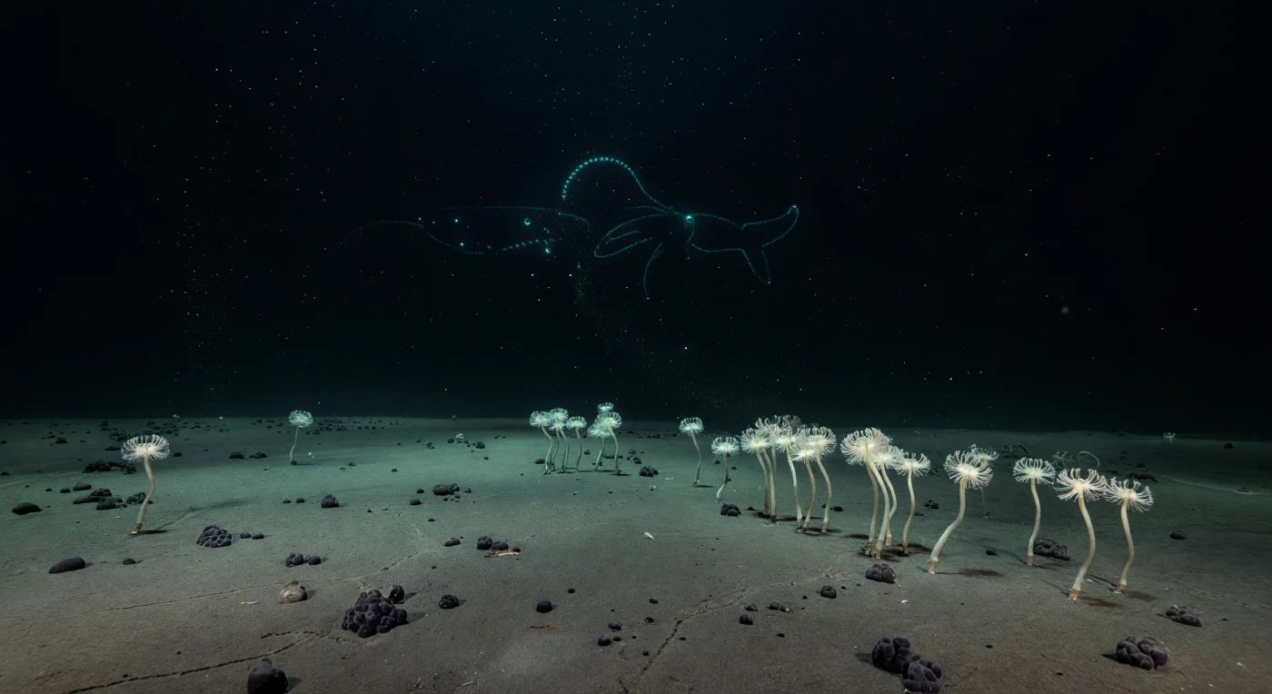 In de absolute duisternis boven een uitgestrekt abyssaal vlak, op een diepte waar het gewicht van het water neerkomt als vierhonderd tot zeshonderd atmosfeer, buigt een kolonie blekgele zeepennen zich in synchrone beweging over een grijs-bruine slibbodem bezaaid met mangaanknollen en nauwelijks zichtbare graafsporen — alsof een schokgolf door het stilstaande water heeft gerold, want dat is ook precies wat er is gebeurd. Ver boven de bodem, buiten elk bereik van wat ook maar zou kunnen worden waargenomen onder normale omstandigheden, worstelen een potvis (*Physeter macrocephalus*) en een reuzeninktvis (*Architeuthis dux*) in een strijd die miljoenen jaren oud is: de zuignappen van de inktvis, voorzien van scherpe chitineringen, klemmen zich vast in de rubberachtige huid van de walvis terwijl de staartvin in een brede, zwijgende boog door het water zwiept. Wat overblijft voor de bodem zijn gevolgen: een neerdalende sluier van opgewerveld mariene sneeuw, fijne deeltjes die traag wegdrijven in alle richtingen zonder richting of doel, en korte turquoise-blauwe lichtpulsen die als bioluminescente naschijn de geometrie van de worsteling afdrukken in het zwart — suikerringvormige patronen en de bocht van een vlindervormig fluke die in het niets verdwijnen. De zeepennen trillen nog na, hun delicate poliepen gehuld in koude stilte van minder dan twee graden Celsius, terwijl enkele zwakke lichtpuntjes tussen de neervallende sneeuwvlokken knipperen als stervende echo's van een gevecht dat de oceaan al voerde lang voordat er ogen waren om het te zien.