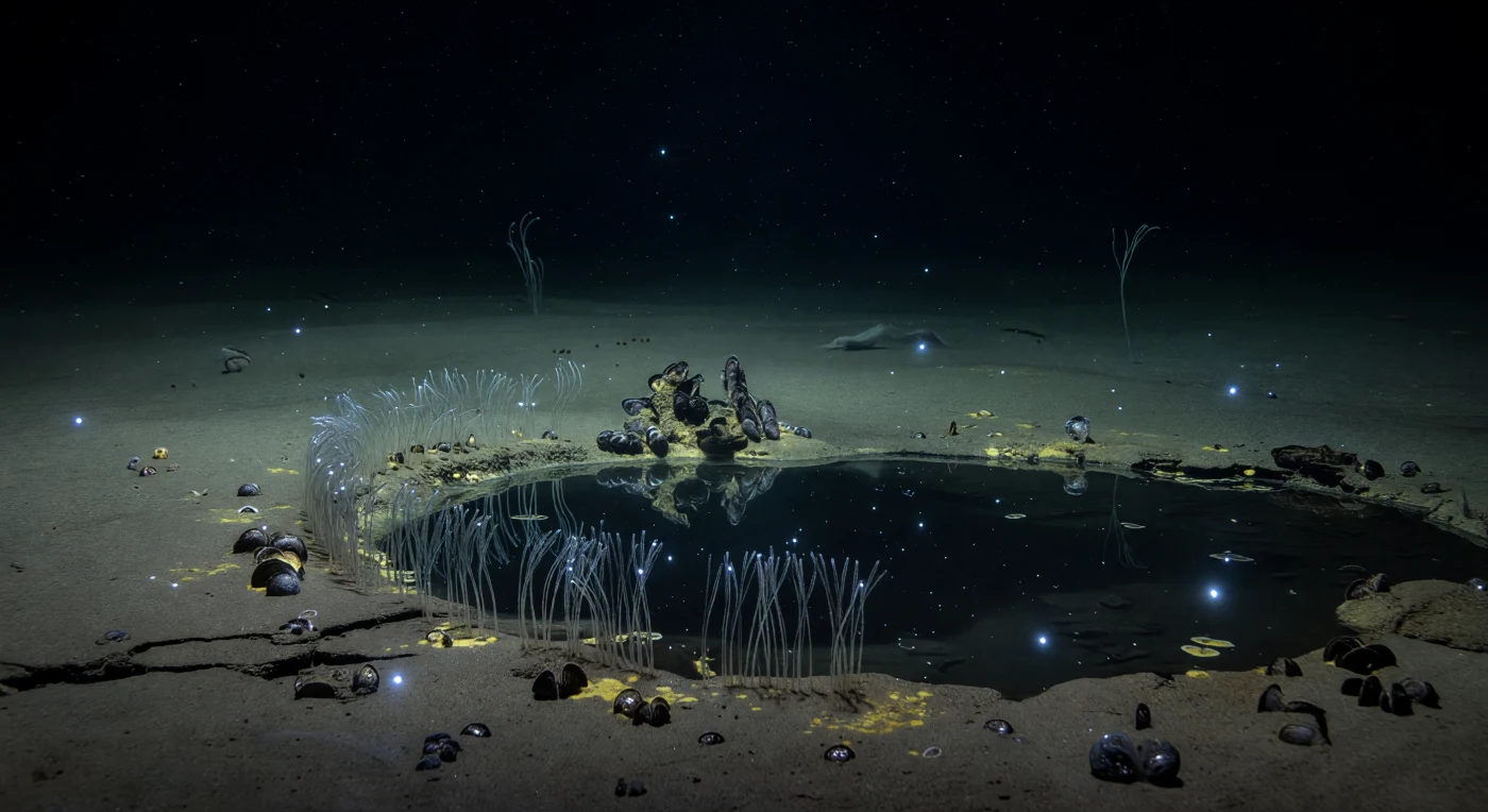 Op de abyssale vlakte, op een diepte waar het gewicht van het water boven neerkomt op vierhonderd tot zeshonderd atmosfeer, buigt een halvemaanvormige kolonie doorschijnende zeepennen licht mee in de trage, nauwelijks voelbare stroming — elk axiaal pluum een teer silhouet tegen het zwart, geworteld in het grauwe slibsediment langs de rand van een hypersaliene brijnpoel die zich als een onderzees meer in de bodem heeft genesteld. Het grensvlak tussen het omringende zeewater en de dichter dan gemiddeld zeewater is zesmaal zoute brijnnest is zo scherp en glasachtig dat de zeepennen er spiegelbeeldig in worden weerkaatst, een optisch fenomeen dat voortkomt uit het abrupte verschil in brekingsindex tussen twee volledig vloeibare maar chemisch onverenigbare watermassa's. Verspreid over het sediment liggen mangaanknollen half begraven in het slib, en langs scheuren nabij de brijnrand spreiden gele bacteriematten zich uit in onregelmatige vlekken, gevoed door chemosynthese in een milieu zonder enig zonlicht — een ecosysteem dat volledig draait op de chemische energie van methaan en zwavelverbindingen die uit de zeebodem sijpelen. Af en toe flitst er een koelblauw lichtpulsje van een drijvend planktonorganisme door het water, het enige licht in deze wereld, terwijl mariene sneeuw — een gestage regen van organische deeltjes uit de waterzuil erboven — geruisloos neerdaalt op een landschap dat, ver buiten het bereik van enig daglicht, al miljoenen jaren in volledige duisternis bestaat.