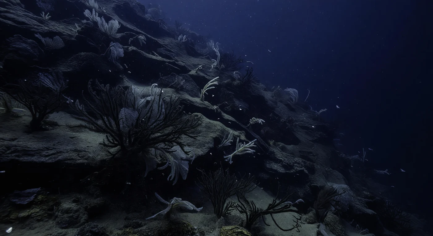 Op 780 meter diepte rijst de continentale helling op als een gebroken steenwand van smalle richels, geulen en ravijnaardige spleten, opgebouwd uit geconsolideerd sedimentgesteente dat door millennia van contourstromen en gravitatieflows is uitgehouwen en hergekneed. Hier, waar het resterende zonlicht nog slechts als een nauwelijks waarneembare indigo-gloed doordringt, projecteren donkere antipathaire zwarte koralen — *Antipatharia* — hun ingewikkelde vertakkingen schijnbaar roerloos in de zwakke langsstroomse waterbeweging, terwijl kiezelsponsachtigen zoals *Hexactinellida* hun glazige siliciumskelet onthullen als doorschijnende geometrische schaduwen tegen de leisteenblauwe duisternis. Haarfijne crinoïenarmen spreiden zich als stille vangnetten in de waterkolom, opgesteld om de lichte regen van mariene sneeuw — organisch detritus dalend uit de productieve bovenlaag — te onderscheppen, terwijl een dunne nepheloïde nevel van fijne sedimentdeeltjes traag langs de rotswand drijft, gevoed door kanyontransport en biologische afzetting op de smallere plateaus. Verspreid door het donkere midwater flikkeren bioluminescente stipjes van zoöplankton en kleine crustaceeën op als koude blauwgroene vonken, het enige zelfopgewekte licht in een omgeving waar de druk al ruim 78 atmosfeer bedraagt en de stilte totaal is — een wereld die volledig in zichzelf bestaat, onafgebroken en oud, terwijl de helling onder haar onmiddellijk wegvalt in het blauwzwarte niets.