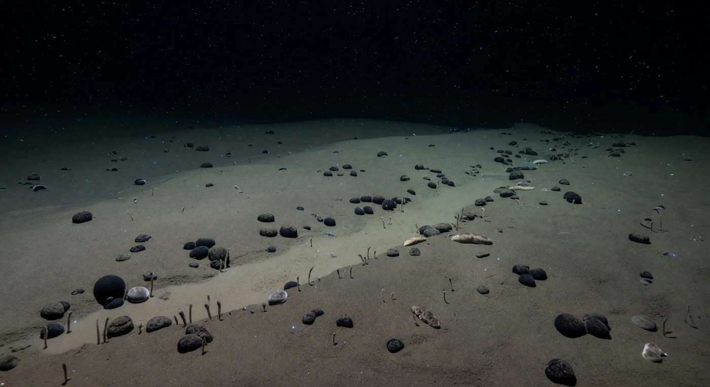 At roughly 4,800 metres below the surface, the abyssal plain of the Clarion–Clipperton Zone lies beneath a crushing hydrostatic pressure of nearly 480 atmospheres, where temperatures hover perpetually around 1.5 to 2 °C and not a photon of sunlight has reached for millions of years. Across this vast, almost featureless terrain, black manganese nodules — each one a geological record spanning thousands to millions of years of slow accretion, layer by layer, around a tiny nucleus — rest half-swallowed by pale grey-brown abyssal mud that carries the finest settling particles of a distant ocean above. In a shallow swale where sedimentation runs slightly deeper, delicate tube-dwelling polychaetes anchor themselves at the sediment margin while holothurians — sea cucumbers whose soft, elongated bodies process vast quantities of mud to extract organic detritus — lie motionless between the nodules, their metabolisms tuned to a world where energy is vanishingly scarce. The only illumination belongs to the organisms themselves: rare, fleeting points of blue bioluminescence cast by invertebrates drifting through the water column above, briefly tracing the matte mineral contours of nodules and the fragile architecture of worm tubes before fading back into absolute darkness. Marine snow — the slow, continuous rain of organic particles from the sunlit world far overhead — drifts through the black water column, sustaining this entire community in a silence so complete and so ancient it reads less like absence than like the ocean's most essential, undisturbed self.