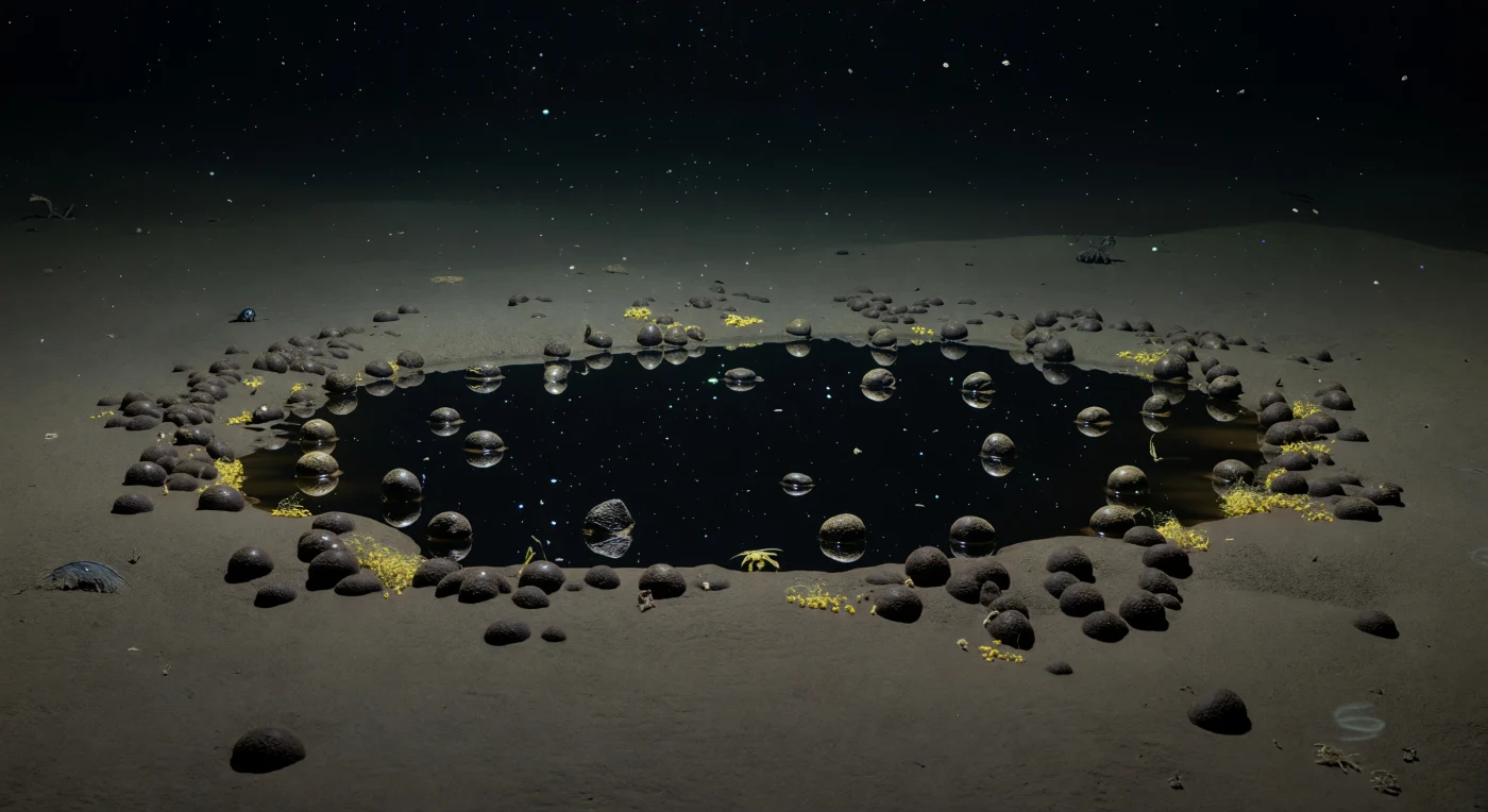 At roughly 4,500 to 5,500 metres beneath the surface, where pressure exceeds 400 atmospheres and temperatures hover near 2 °C, the abyssal plain stretches in near-total darkness as a featureless expanse of taupe-grey sediment — except where a shallow depression cradles a body of hypersaline brine so dense it refuses to mix with the overlying water, resting instead like a submarine lake with a razor-sharp, mirror-like interface that reflects the scattered manganese nodules at its margin as perfect, faintly stretched inversions. These nodules — polymetallic concretions of manganese, iron, nickel, and cobalt — have grown grain by grain over millions of years, accreting around microscopic nuclei at rates measured in millimetres per million years, each one half-swallowed by the soft ooze that accumulates from the perpetual slow rain of marine snow drifting down from the sunlit world far above. At the brine's edge, where lethal hypersalinity gives way to ambient seawater, chemosynthetic bacterial mats glow in faint sulphurous yellow and sparse symbiont-bearing mussels anchor themselves at the only chemically viable margin, deriving energy not from sunlight but from the methane and hydrogen sulphide seeping upward through ancient evaporite strata below. Tiny blue-green bioluminescent pulses wink among the falling particles — fleeting signals from drifting zooplankton and small benthic organisms — and their cold light trembles in miniature across the glossy brine surface, the only illumination in a world that has never known the sun, immense and pressurized and profoundly silent, existing entirely on its own terms.