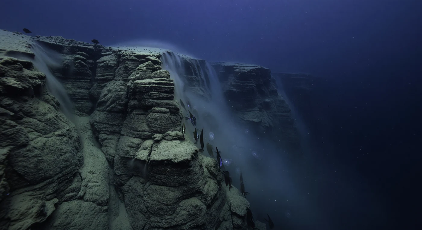 At around 500 metres depth along the continental slope, the water enters a realm where dissolved oxygen plummets to near-lethal minima, creating an oxygen minimum zone that acts as an invisible biological filter — a curtain of physiological pressure that compresses life into narrow, specialized bands along canyon walls and rocky ledges. The last traces of sunlight penetrate here only as a cold, monochromatic blue suffusion, attenuated to perhaps one ten-thousandth of surface irradiance, just barely enough to cast the faintest silhouette of a hatchetfish's laterally flattened, mirror-scaled body as it hovers at the boundary layer, its ventral photophores providing counter-illumination against the residual downwelling light in a predator-evasion strategy refined across tens of millions of years. The submarine canyon wall beside them bears the layered geological record of the continental margin itself — sedimentary sequences slumped and re-draped, narrow ravines carved by turbidity currents, ledges mantled in fine hemipelagic sediment carried grain by grain through the water column as marine snow, which now drifts visibly through the frame as pale motes suspended in a nepheloid haze pressed close to the rock face. Ctenophores — gelatinous, nearly optically transparent, their eight comb rows of fused cilia occasionally catching ambient blue light in a fleeting iridescent shimmer — drift without muscular effort through water pressing down at roughly 51 atmospheres, their bodies so nearly equivalent in density to seawater that pressure itself is barely a constraint. This is a world of chemical boundaries and geological architecture, existing in cold silence utterly independent of any observer, shaped entirely by physics, chemistry, and the slow negotiation of life with scarcity.
