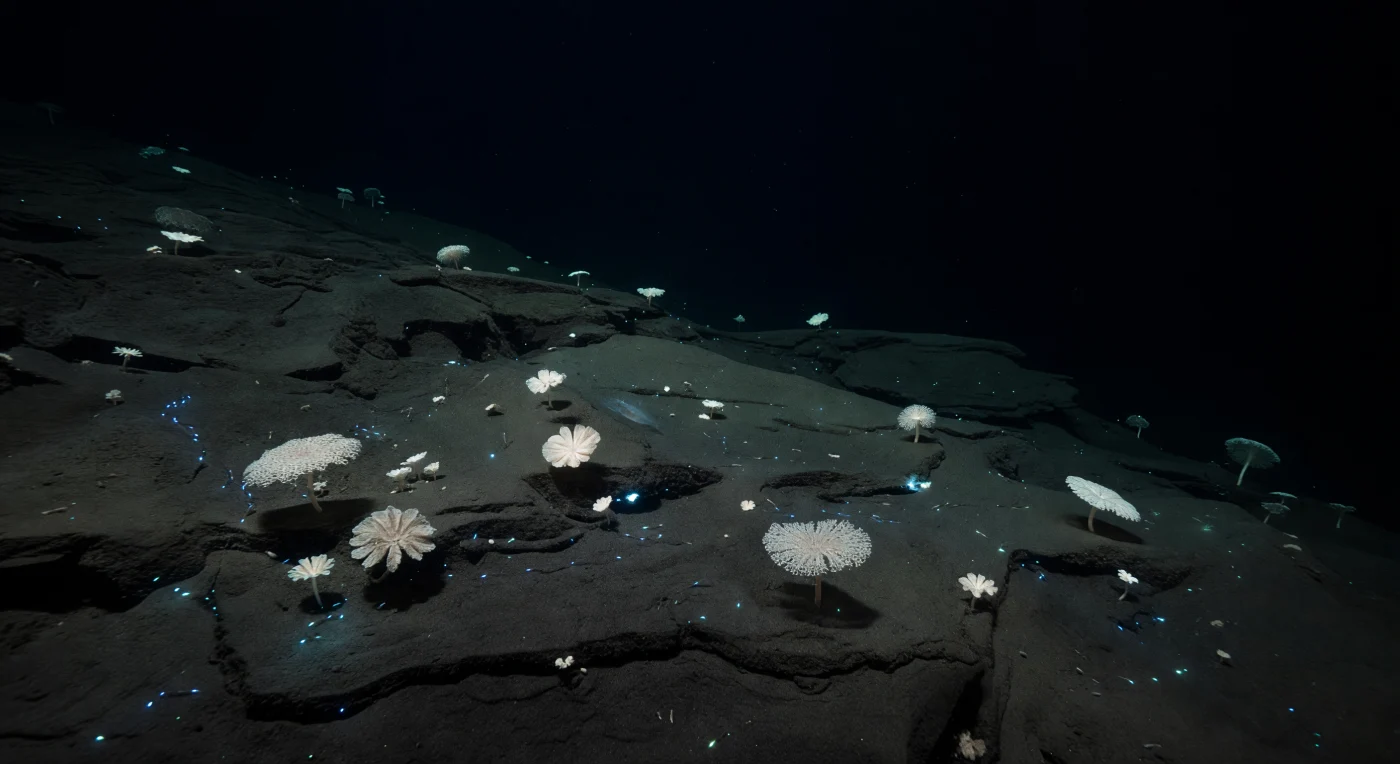 At roughly 7,500 to 8,500 metres below the surface, where pressure exceeds 800 atmospheres and water temperature hovers barely above freezing, a gently tilted terrace of graphite-dark mud extends across the trench shoulder in absolute aphotic silence. Scattered across this sediment drape, large xenophyophores — among the most enormous single-celled organisms on Earth — rise as pale, agglutinated rosettes and lacy disks, their chalk-ivory tests built grain by grain from particles scavenged from the seafloor, each structure a living archive of the marine snow that drifts perpetually downward from the sunlit world six miles above. No light from the surface has reached this place for geological ages; what briefly renders these forms legible are faint bioluminescent sparks — cool cyan and blue-green pinpricks produced by tiny animals moving low over the mud — tracing for a fleeting moment the delicate geometry of each xenophyophore before fading back into total blackness. A hadal snailfish drifts in the middle distance, its translucent, pressure-adapted body sustained by a biochemistry tuned to crushing depths that would destroy the cellular machinery of any shallow-water vertebrate, while amphipods cross the sediment between the xenophyophore colonies, scavenging in the thin benthic nepheloid haze. This terrace exists in primordial stillness, a living geology of soft bodies and agglutinated silica on dark ravined mud, utterly indifferent to any world above.