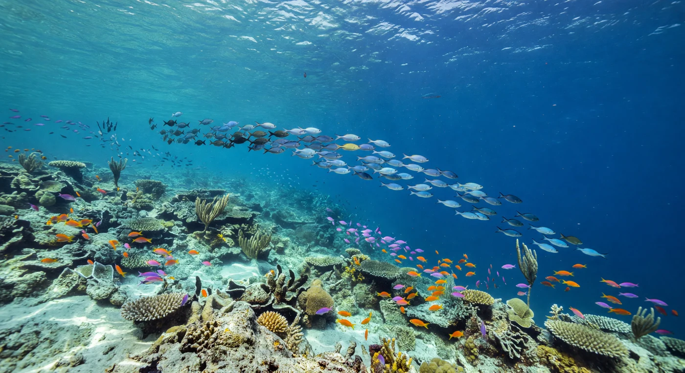 Where the reef's outer limestone wall falls away into open ocean, a living architecture of hard corals, encrusting growth, and gorgonian fans streams in the invisible pull of current along the slope, while fine carbonate sediment drifts lazily into sandy pockets between outcrops. Filtered through a rippled surface somewhere high above, natural sunlight descends in angled rays that shift and bend across coral heads and pale rock faces, painting caustic patterns of light and shadow before surrendering to the deepening indigo that opens beyond the wall's edge. Above the dropoff lip, a massive shoal of fusiliers wheels in fluid synchrony, their flanks catching the blue-green light and throwing it back as flashes of silver and slate, tens of thousands of small bodies moving as a single breathing entity governed by pressure waves and the physics of schooling. Below them, clouds of anthias — orange, pink, and lavender — hold station against the reef structure, suspending themselves within millimeters of the living carbonate using precise adjustments of their fins, their swim bladders compressed by the weight of the water column above. At this depth, still well within the sunlit epipelagic zone, photosynthesis drives the entire architecture: the zooxanthellae locked inside coral tissue converting captured light into the calcium carbonate that built this wall, grain by grain, over thousands of years of unwitnessed accumulation.