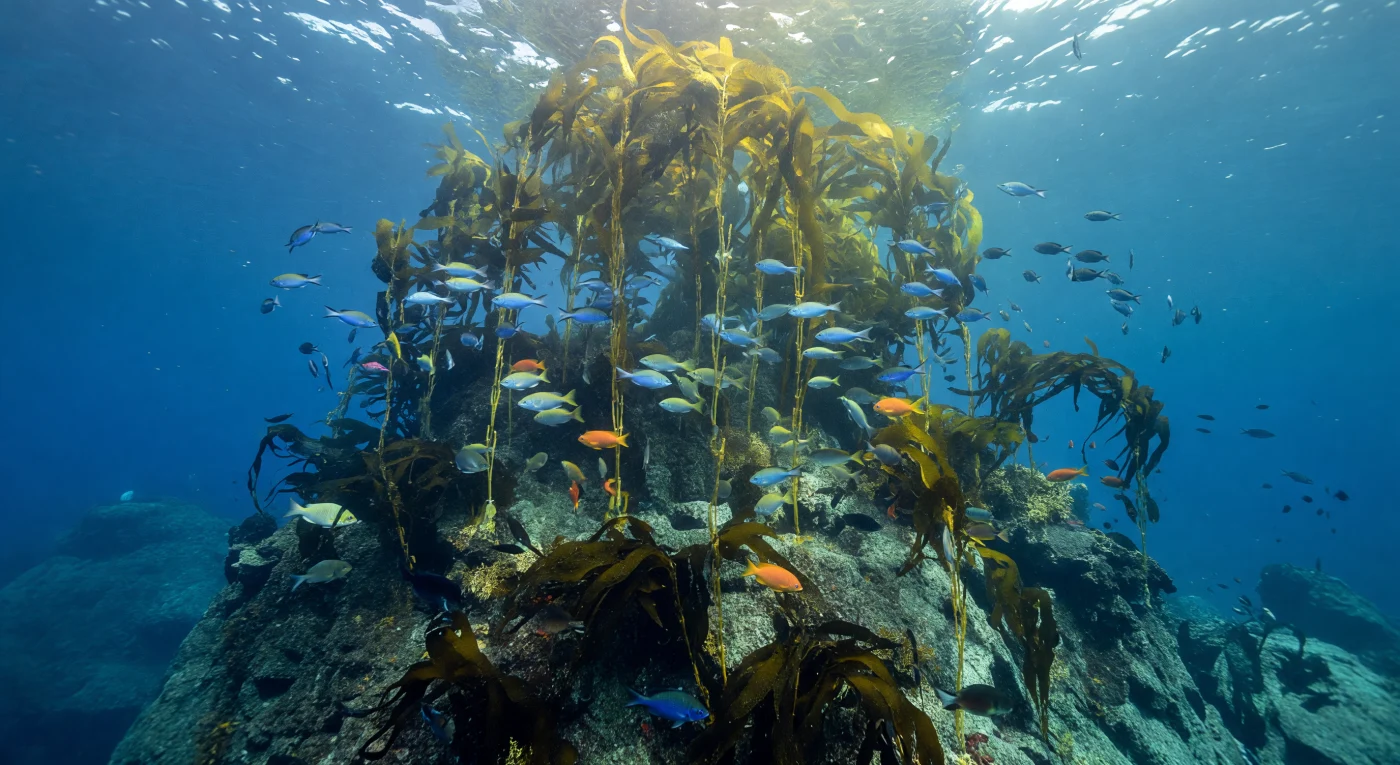 At the summit of a submerged offshore pinnacle, giant kelp — *Macrocystis pyrifera* — erupts from the rock in a dense crown, each stipe anchored by a gnarled holdfast gripping dark basalt before climbing through a dozen meters of water toward a canopy that shimmers and sways at the surface above. Natural sunlight pours down through that canopy in shifting god rays, casting moving caustic patterns across the coralline-encrusted rock and setting the bronze-gold fronds alternately aglow and in shadow, creating a liquid cathedral of extraordinary structural complexity. Schools of blacksmith, *Chromis punctipinnis*, sweep in coordinated arcs around the kelp crown, their dark forms flickering as they turn broadside to the filtered sun, while slender senorita, *Oxyjulis californica*, thread between the stipes in quick purposeful dashes, and solitary garibaldis, *Hypsypops rubicundus*, burn orange-red against the cold blue water at the reef edge. Beyond the pinnacle summit, the rock face drops away abruptly into open cobalt, the reef walls textured with encrusting coralline algae and patches of sessile invertebrates, a geological highpoint on an otherwise sunken landscape where upwelled, cold, nutrient-rich Pacific water sustains one of the most productive foundation ecosystems on the continental shelf — thriving in full oxygen, full light, and complete indifference to any witness.