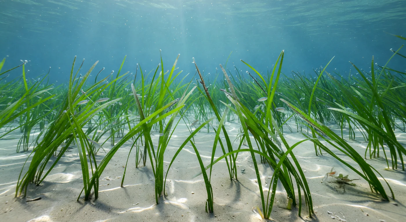 Beneath a few meters of sun-warmed coastal water, long ribbon-like leaves of *Zostera marina* stream in near-perfect unison through a gentle tidal current, their green blades catching dappled caustic light that ripples ceaselessly across pale sandy mud below — a shallow temperate seagrass meadow at the peak of its biological vitality. At roughly 3–5 meters depth, pressure is barely above one atmosphere, and full-spectrum sunlight still pours through the blue-green water column in soft god rays, fueling continuous photosynthesis along every blade while fine oxygen microbubbles cling like jewels to the sunlit surfaces. Within the swaying vertical canopy, translucent mysid shrimps hover in loose constellations between shoots, their compound eyes glinting, while slender pipefish — *Syngnathus* sp. — hold themselves rigidly upright and perfectly parallel to the surrounding blades, their segmented, epiphyte-mottled bodies rendering them nearly indistinguishable from the vegetation itself, a strategy of stillness honed over millions of years of co-evolution with this habitat. *Zostera marina* meadows are among the most productive coastal ecosystems on Earth, sequestering carbon in their roots and rhizomes, stabilizing sediment against erosion, and functioning as irreplaceable nursery grounds where the structural complexity of the canopy shelters juvenile fishes and invertebrates from open-water predators. This meadow exists in its own suspended silence, breathing with the tide, indifferent and complete.