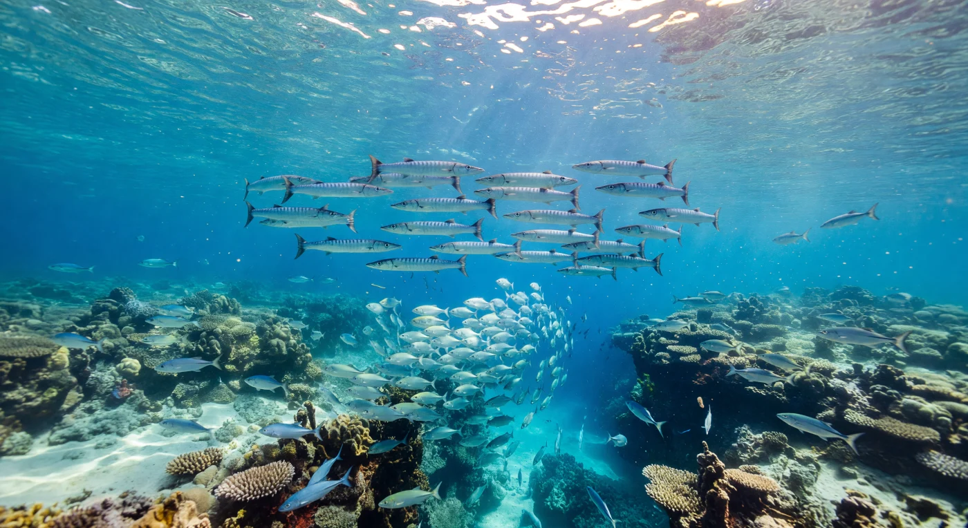 O mergulhador flutua suspenso em plena coluna d'água, imóvel dentro de uma corrente que rasga o canal do recife com força surpreendente, os raios de sol quebrando em faixas cáusticas que varrem diagonalmente o azul tropical, fazendo cada partícula de plâncton piscar como pó de luz. Dominando o campo visual, um anel perfeito de barracuda chevron — *Sphyraena putnamiae* — paira quase sem esforço contra o fluxo, os flancos metálicos e as marcações escuras em V revelando a hidrodinâmica extraordinária que lhes permite manter formação coesa dentro de uma corrente de maré que aceleraria qualquer objeto passivo; a shoal funciona como uma estrutura biológica coletiva, onde o comportamento sincronizado reduz o custo energético individual e maximiza a detecção de predadores. Abaixo do anel, uma nuvem compacta de silversides comprime-se em bola de isca, cada pequeno corpo refletindo a luz fragmentada da superfície numa sincronicidade cega e instintiva — resposta evolutiva à pressão de predação que transforma milhares de indivíduos num único organismo pulsante. Os trevallies atravessam as camadas laterais em lampejos repentinos, o corpo fusiforme capturando bandas de luz ondulada antes de desaparecer no azul cobalto mais profundo do canal, onde a luminosidade cai e a corrente ainda acelera sobre o substrato de coral e areia pálida. É uma cena de tensão ecológica silenciosa, toda ela gravada em menos de vinte metros de profundidade, onde a pressão quase não se faz sentir mas a vida se organiza com a complexidade de um ecossistema inteiro em movimento.