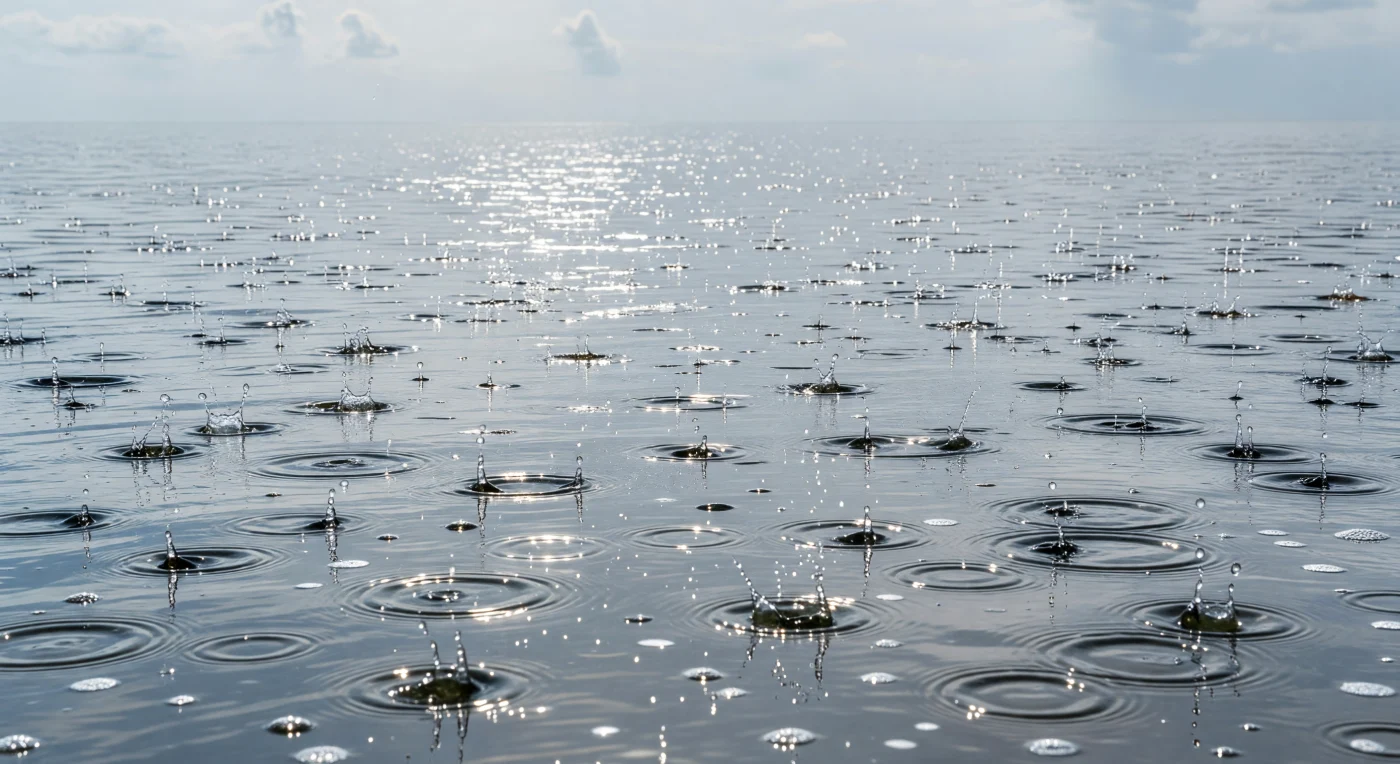 À superfície do oceano aberto, a chuva esculpe uma geometria efémera e repetida sobre a pele da água: milhares de microcráteras de impacto, coroas serrilhadas, jatos de Worthington erguendo-se em fios finos como agulhas e anéis de ondulação concêntrica que se cruzam e dissipam em frações de segundo, formando um mosaico em constante renovação sobre um campo metálico de tonalidades entre o aço azulado e o grafite. Cada gota que atinge a superfície transfere energia cinética à microcamada aquosa, gerando turbulência localizada, entranhando microbolhas que descem alguns centímetros antes de se dissolverem e emitindo uma assinatura acústica característica — um halo sonoro subaquático documentado em hidrofonias de alta resolução — enquanto o impacto dilui momentaneamente a salinidade na camada superficial e pode criar uma lente fria e ligeiramente dessalinizada de apenas centímetros de espessura. Sob o céu encoberto e difuso, sem sombras marcadas, a luz atmosférica revela a textura exquisita da interface sem penetrar mais do que poucos metros na coluna de água, onde a claridade cede rapidamente ao azul profundo e depois ao escuro. Neste plano de existência liminar — nem inteiramente ar nem inteiramente mar — o oceano respira, recebe, e continua, indiferente e pleno, muito antes e muito além de qualquer testemunho.