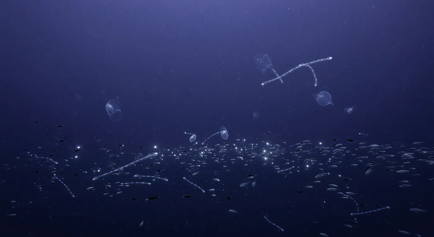 Através da cúpula acrílica do submersível, o mergulhador observa longas cadeias de salpas derivarem em silêncio pelo meio da coluna d'água, os seus corpos gelatinosos quase invisíveis contra o azul-índigo residual que ainda desce timidamente desde a superfície distante, a 240 metros acima. Flutuando entre elas, casas abandonadas de larváceos desmoronam-se em véus de muco translúcido, estruturas filtradoras tão frágeis que parecem dissolver-se na própria água, enquanto partículas de neve marinha caem lentamente em todas as direções como poeira suspensa num universo sem gravidade. Mais abaixo, uma fronteira viva e densa começa a condensar-se: o que parece ser um segundo fundo é, na verdade, uma camada biológica pulsante de krill e mictofídeos — os mesmos animais que confundiram os sonares militares do século passado com o leito do oceano, espelhos acústicos feitos de carne. A pressão ali fora supera vinte e quatro atmosferas, comprimindo as bexigas natatórias dos peixes-lanterna e alterando a sua flutuabilidade de forma mensurável, enquanto flashes de bioluminescência perfuram a escuridão como neurónios disparando num cérebro de proporções oceânicas. Esta não é uma paisagem inerte — é uma das maiores migrações diárias da Terra, suspensa no instante preciso em que a última luz azul do dia ainda hesita antes de ceder ao negro absoluto.